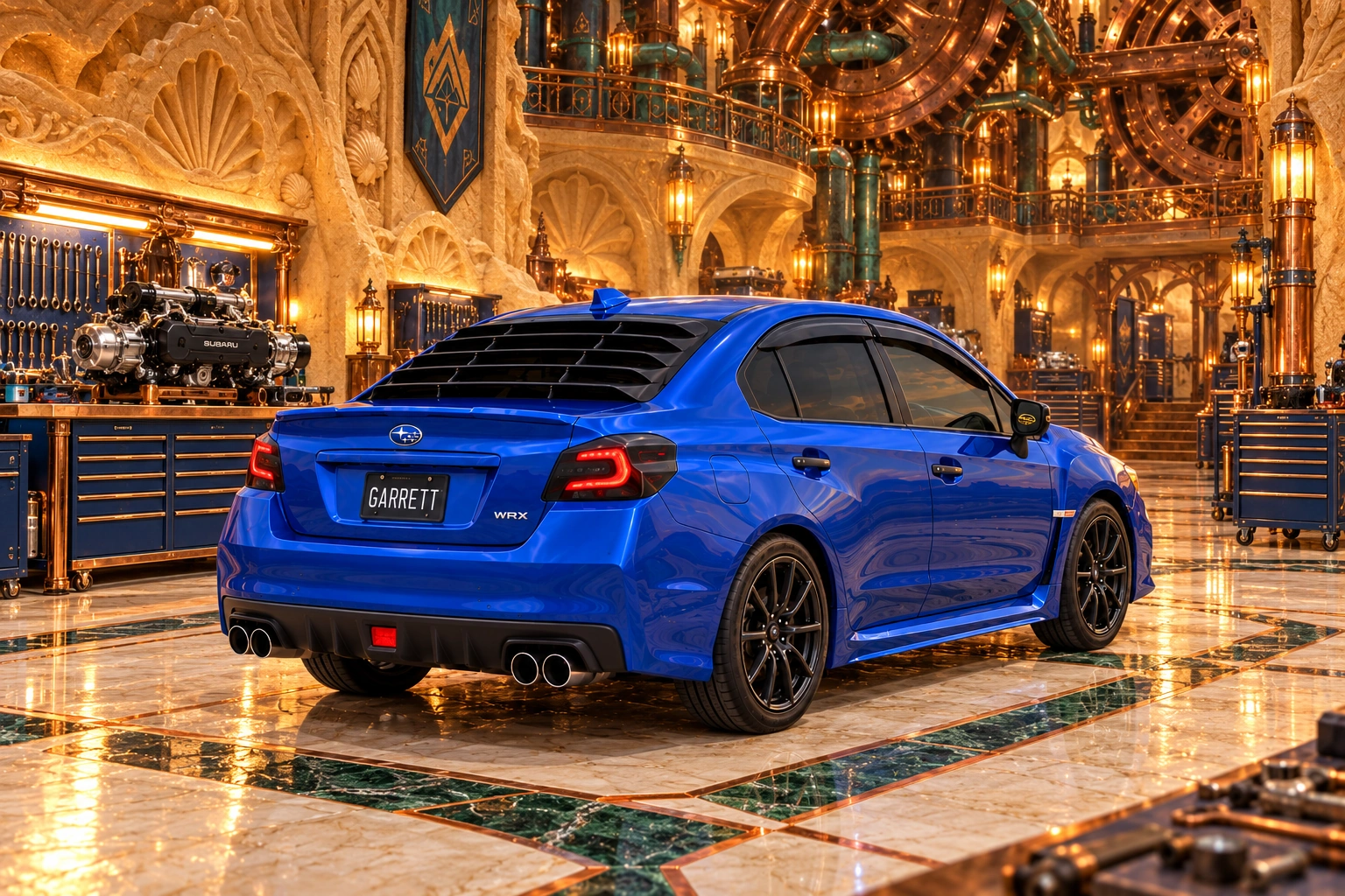 Garrett’s blue 2016 Subaru WRX. A master mechanic’s sandcastle workshop: shell-carved sand walls, giant copper gears, blue tool chests, and an engine on the workbench.