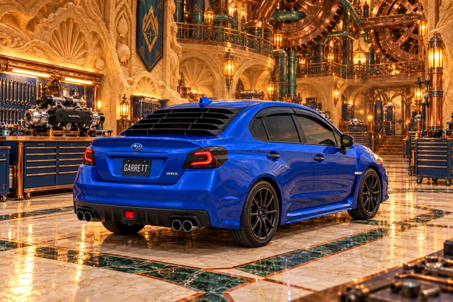 Garrett’s blue 2016 Subaru WRX. A master mechanic’s sandcastle workshop: shell-carved sand walls, giant copper gears, blue tool chests, and an engine on the workbench.