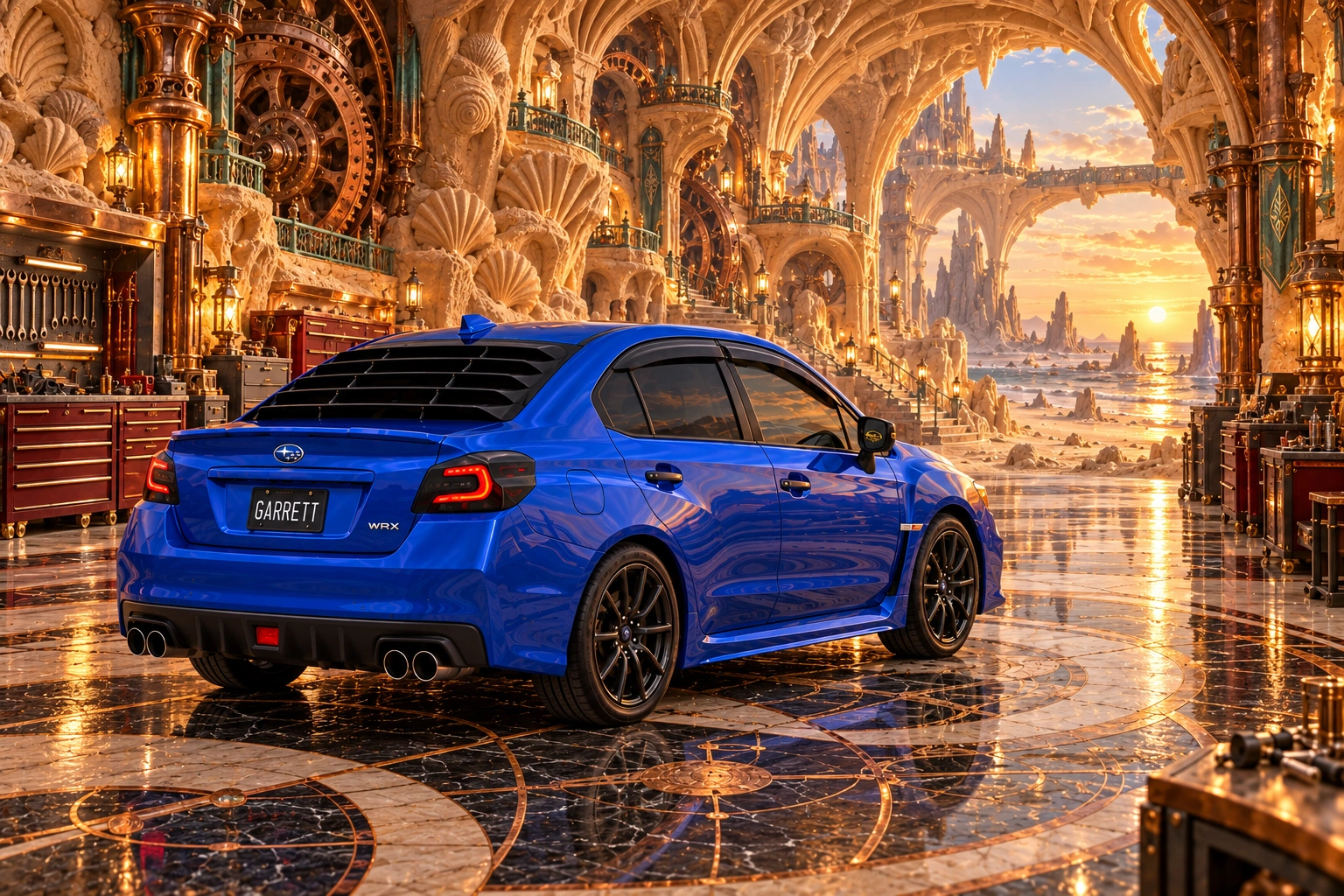 Garrett’s blue 2016 Subaru WRX. An impossibly spacious sandcastle garage opens onto an alien beach, with copper machinery, organised toolboxes, and an astronomical marble floor.