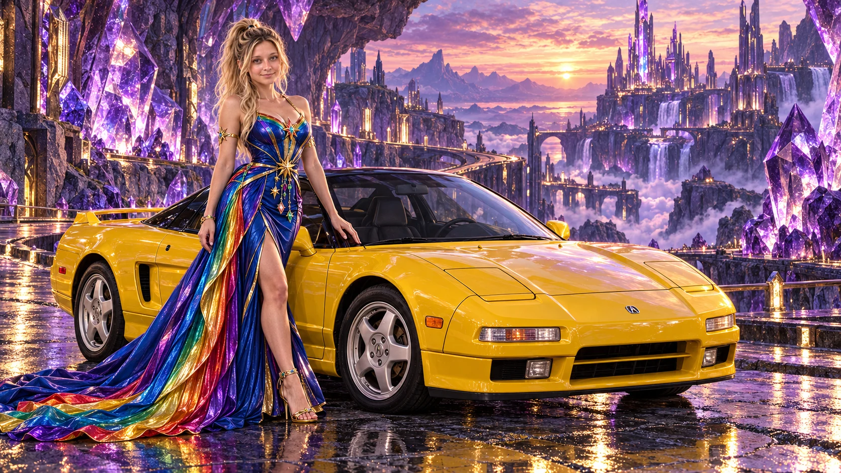 Kristin as Rainbow Brite wears a floor-length royal-blue silk gown with sculptural rainbow pleats and a flowing train, gold star belt beside a sunflower yellow 1993 Acura NSX on Amethyst Reach, in The Amethyst Veil.