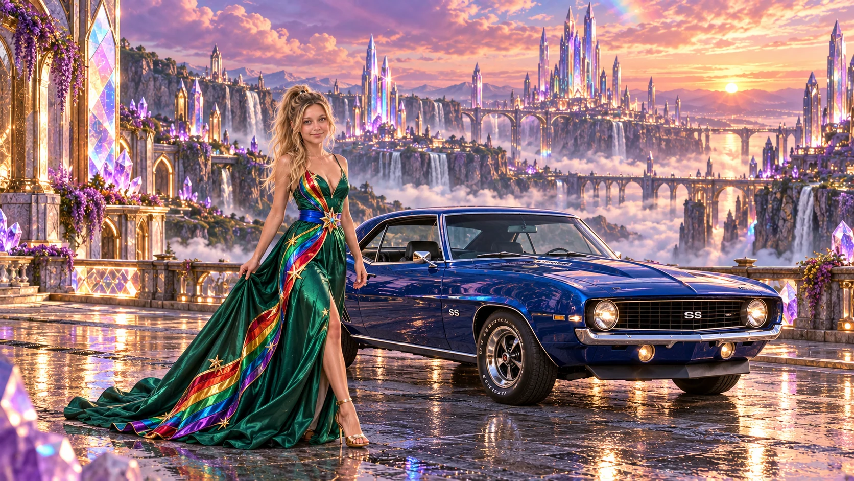 Kristin as Rainbow Brite wears a emerald silk evening dress with rainbow ribbon appliqué, a royal-blue waist sash and a jeweled star buckle beside a cobalt blue 1969 Chevrolet Camaro on Prismara, in The Amethyst Veil.