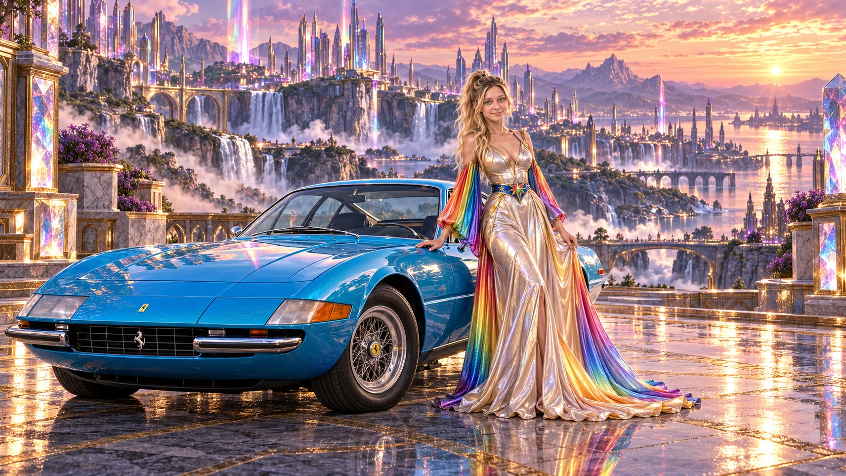 Kristin as Rainbow Brite wears a iridescent champagne satin gown with rainbow pleated sleeves and a sculpted blue-and-gold star belt beside a electric cyan 1968 Ferrari 365 GTB/4 Daytona on Prismara, in The Amethyst Veil.