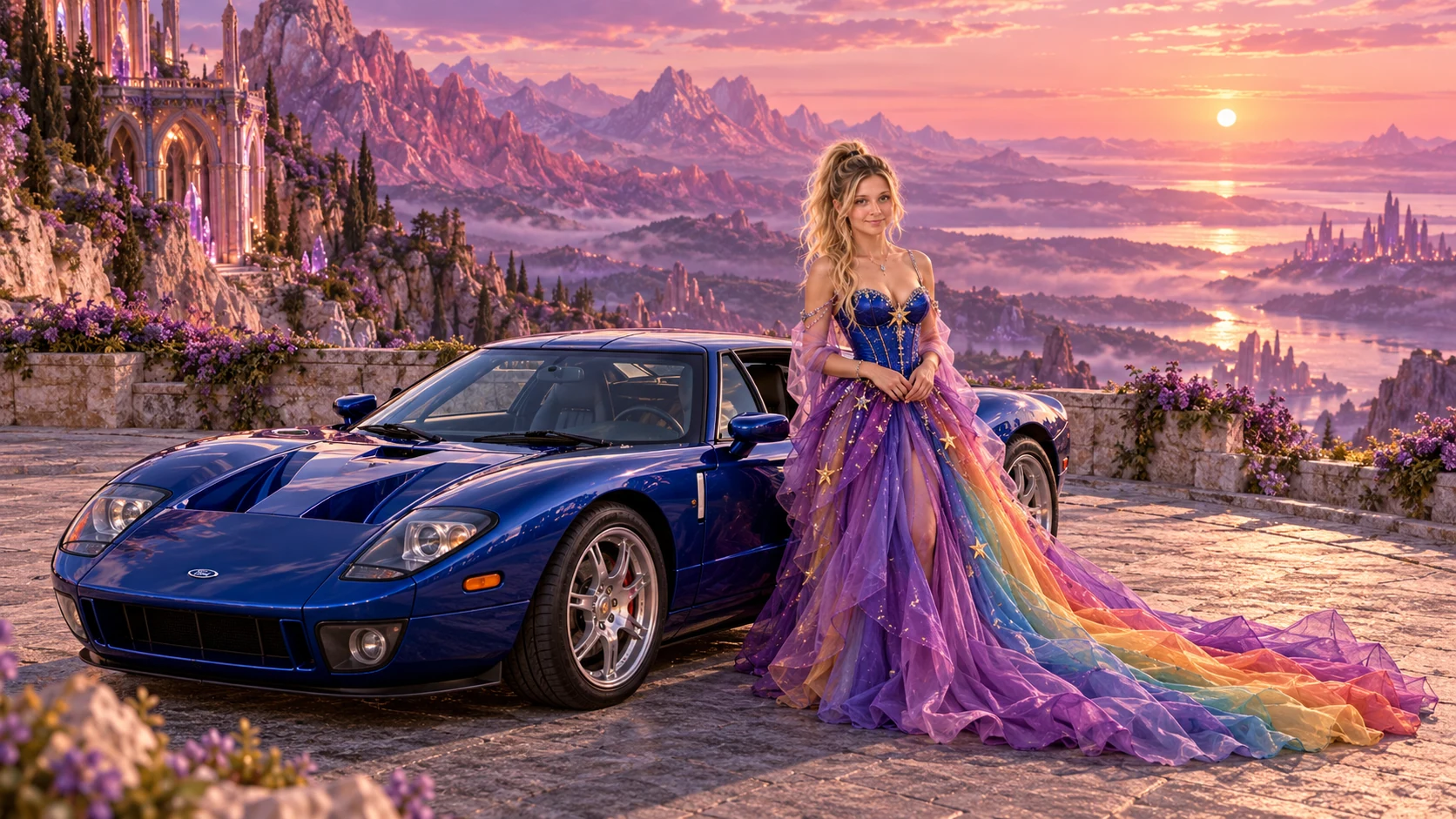 Kristin as Rainbow Brite wears a violet organza couture gown with a structured cobalt bodice, sweeping rainbow train and star jewels beside a cobalt blue 2005 Ford GT on Rosequartz, in The Amethyst Veil.