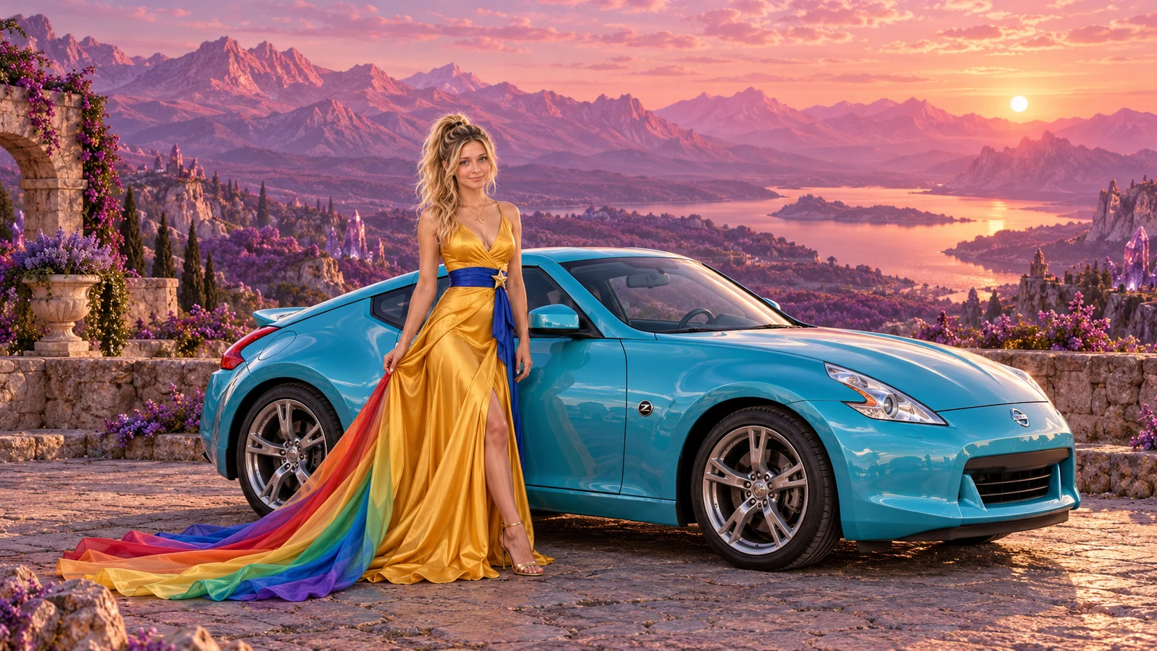 Kristin as Rainbow Brite wears a saffron satin evening gown with a royal-blue sash, graceful rainbow ribbon train and gold star pendant beside a glacier turquoise 2012 Nissan 370Z on Rosequartz, in The Amethyst Veil.