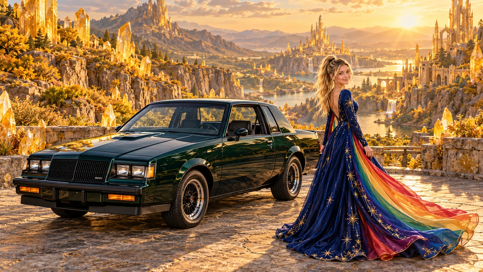 Kristin as Rainbow Brite wears a midnight-blue long-sleeved evening gown with a flowing rainbow-lined cape and tiny star embroidery beside a deep emerald green 1987 Buick Grand National on Citrine Vale, in The Amethyst Veil.