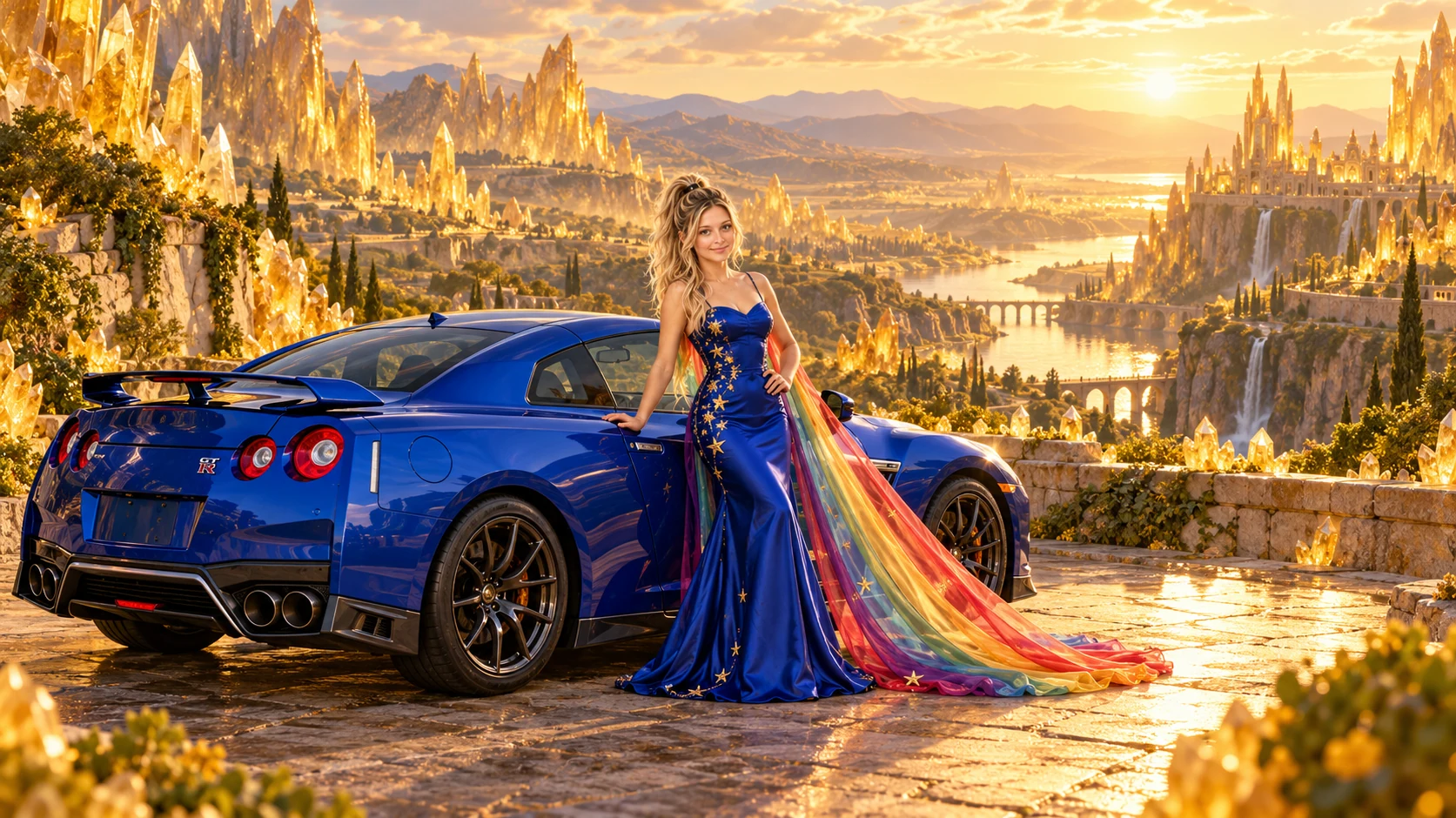 Kristin as Rainbow Brite wears a cobalt satin column gown with a dramatic rainbow chiffon cape and tiny gold star embroidery beside a cobalt blue 2017 Nissan GT-R on Citrine Vale, in The Amethyst Veil.