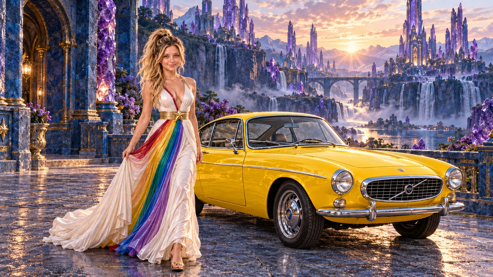 Kristin as Rainbow Brite wears a pearl-white pleated evening gown with jewel-tone rainbow panels and a fine gold star belt beside a sunflower yellow 1967 Volvo P1800 on Sapphire Hollow, in The Amethyst Veil.
