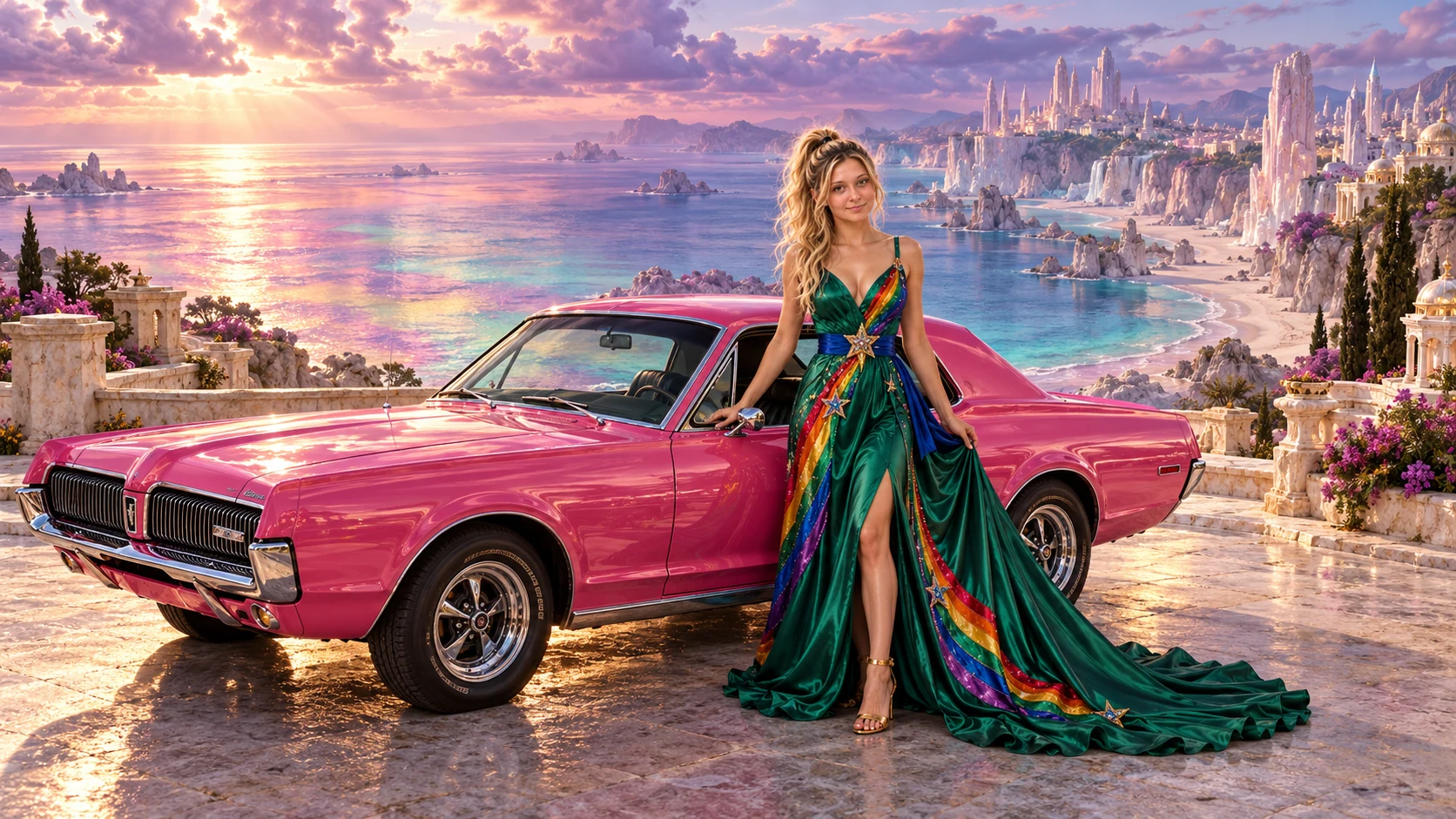 Kristin as Rainbow Brite wears a emerald silk evening dress with rainbow ribbon appliqué, a royal-blue waist sash and a jeweled star buckle beside a hot pink 1968 Mercury Cougar on Opaline, in The Amethyst Veil.