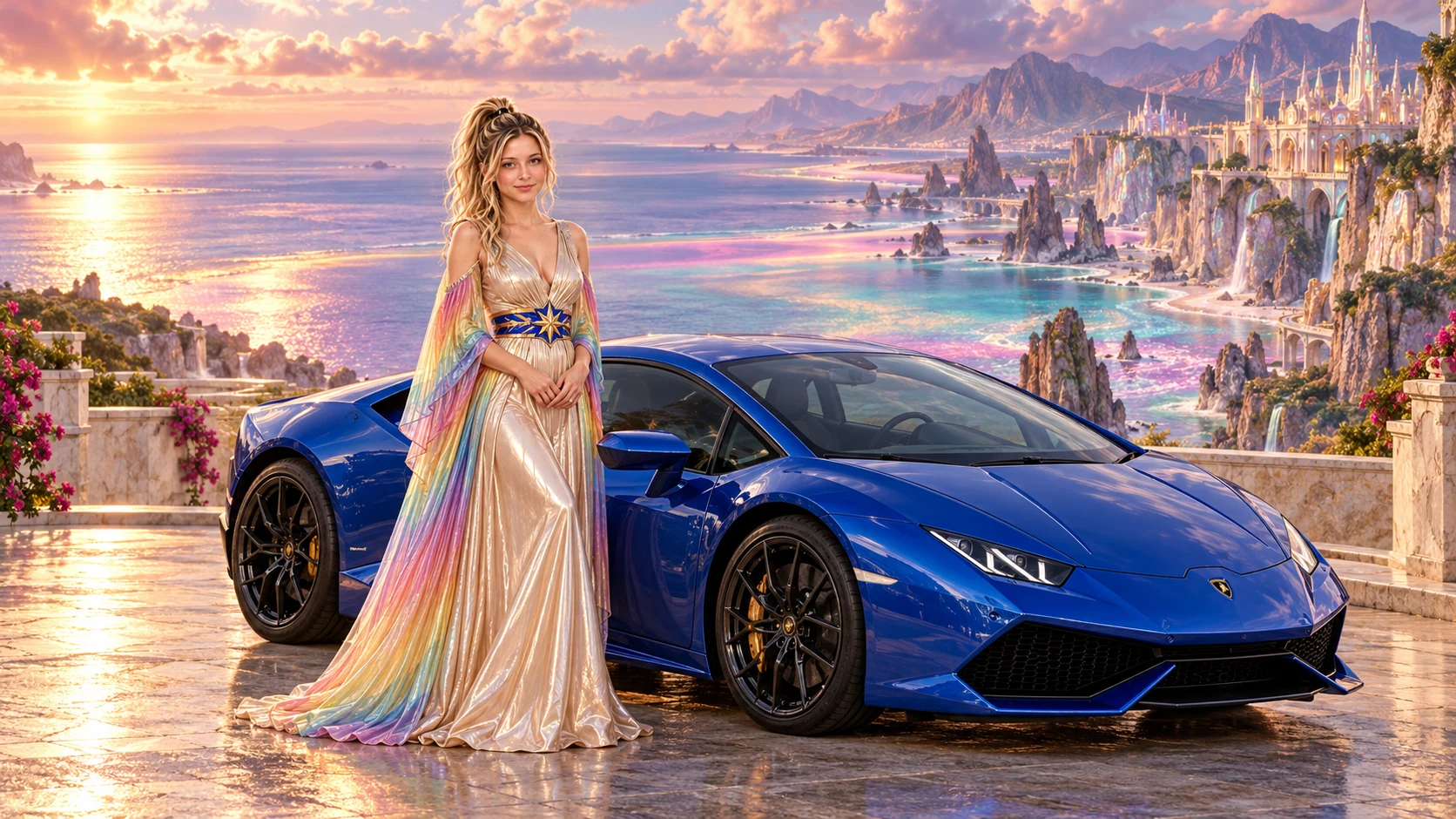 Kristin as Rainbow Brite wears a iridescent champagne satin gown with rainbow pleated sleeves and a sculpted blue-and-gold star belt beside a cobalt blue 2016 Lamborghini Huracán on Opaline, in The Amethyst Veil.