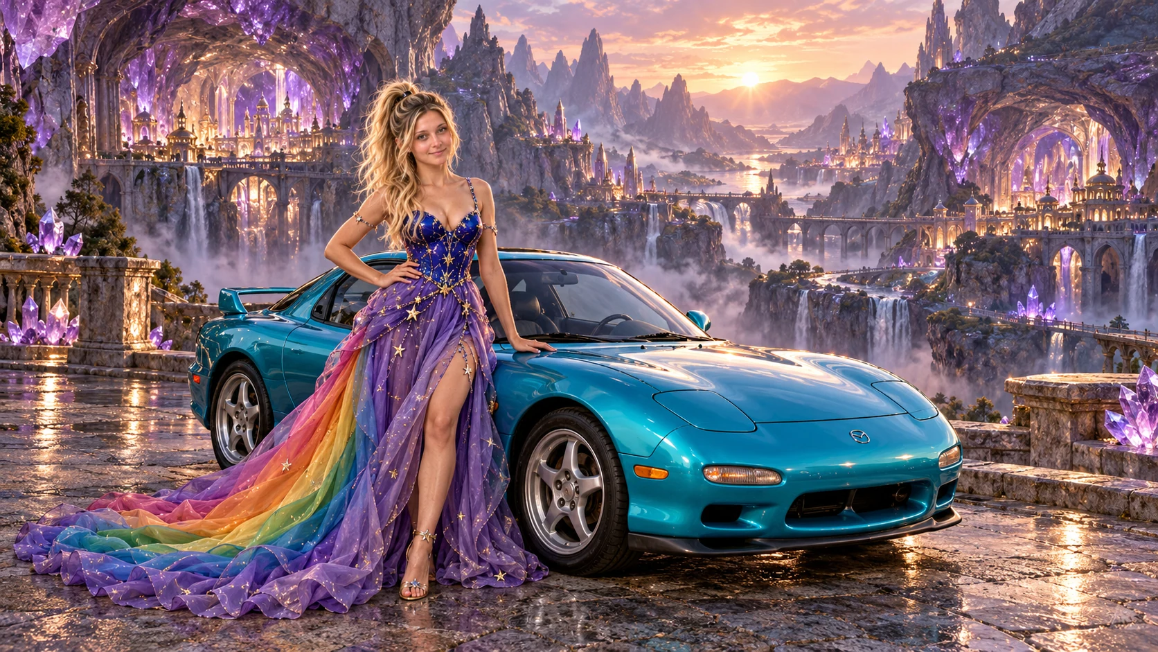 Kristin as Rainbow Brite wears a violet organza couture gown with a structured cobalt bodice, sweeping rainbow train and star jewels beside a electric turquoise 1993 Mazda RX-7 on Geodara, in The Amethyst Veil.