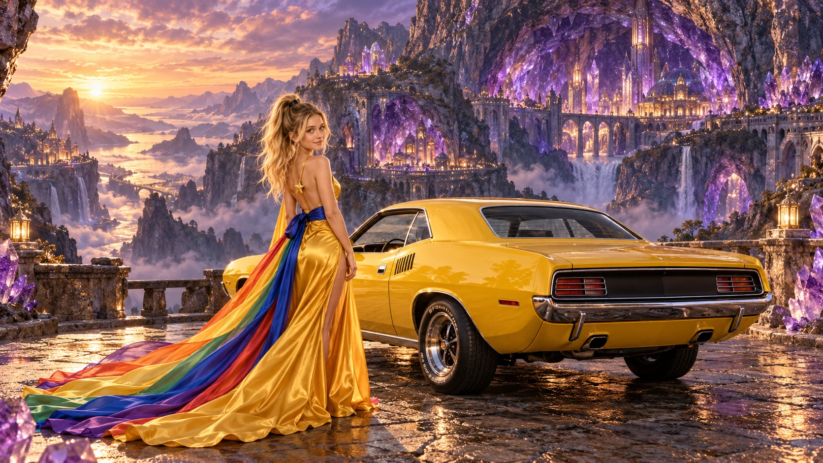 Kristin as Rainbow Brite wears a saffron satin evening gown with a royal-blue sash, graceful rainbow ribbon train and gold star pendant beside a sunflower yellow 1971 Plymouth Barracuda on Geodara, in The Amethyst Veil.