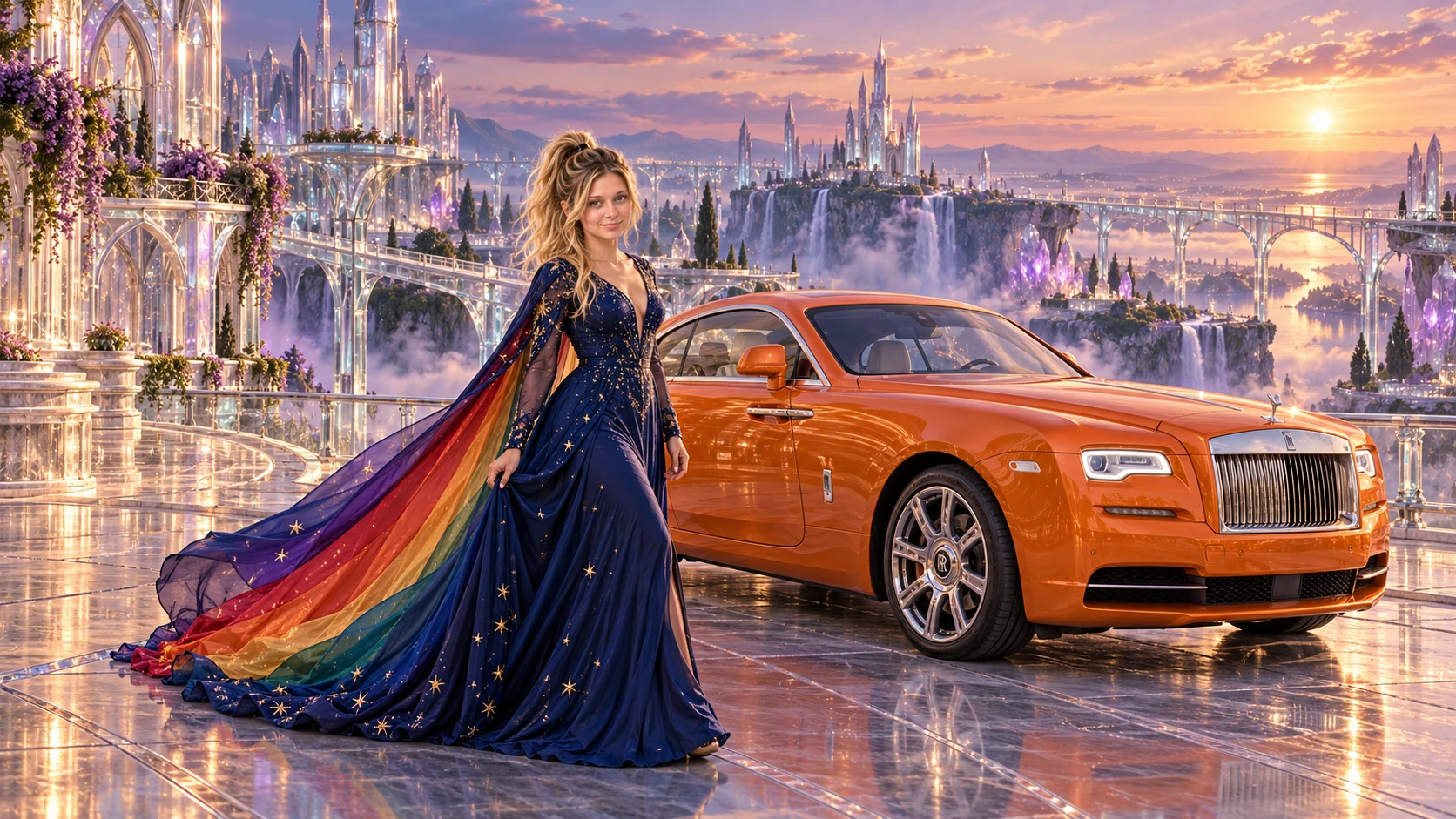 Kristin as Rainbow Brite wears a midnight-blue long-sleeved evening gown with a flowing rainbow-lined cape and tiny star embroidery beside a bright orange 2016 Rolls-Royce Wraith on Glasshaven, in The Amethyst Veil.