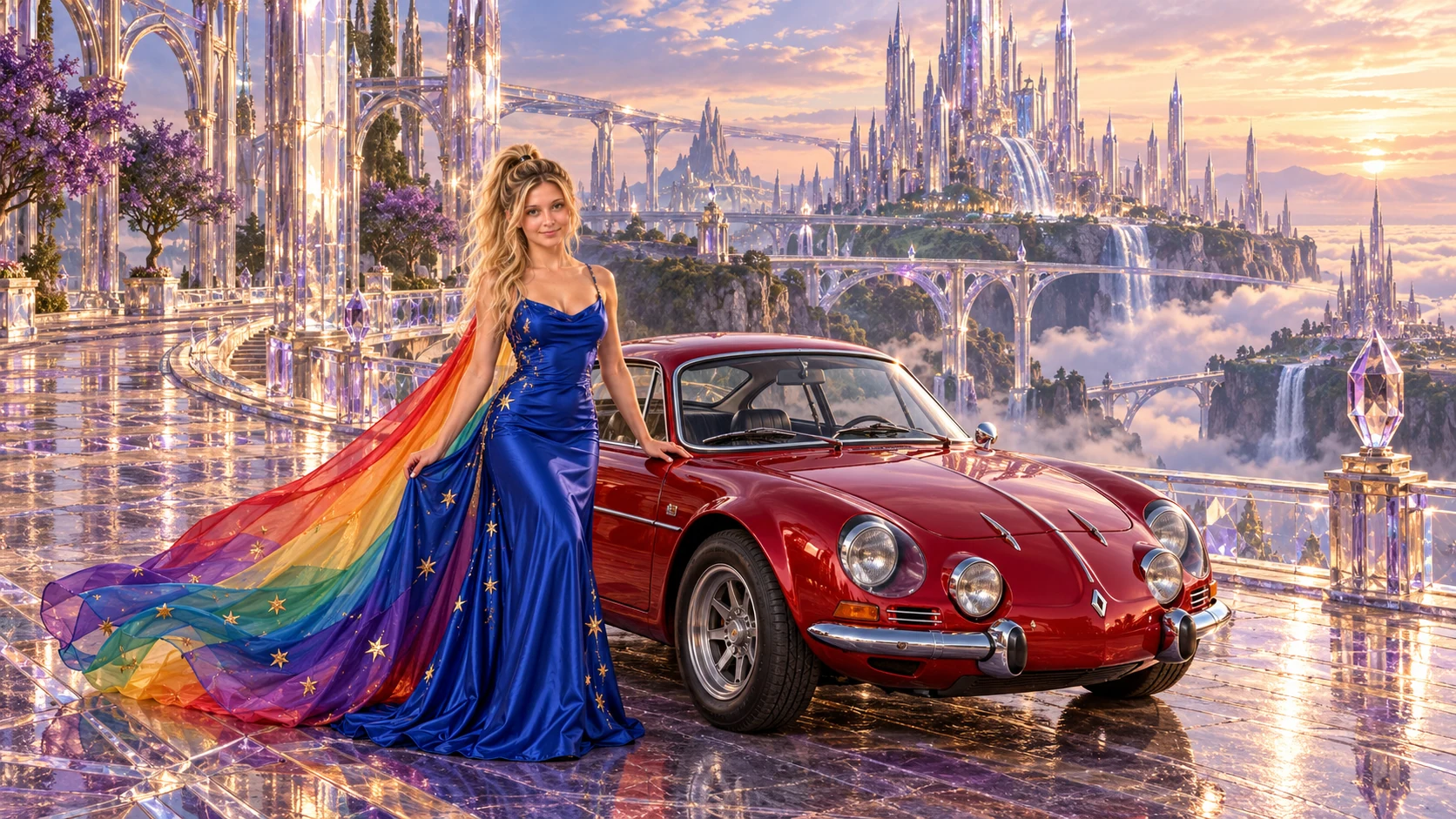 Kristin as Rainbow Brite wears a cobalt satin column gown with a dramatic rainbow chiffon cape and tiny gold star embroidery beside a crimson red 1973 Renault Alpine A110 on Glasshaven, in The Amethyst Veil.