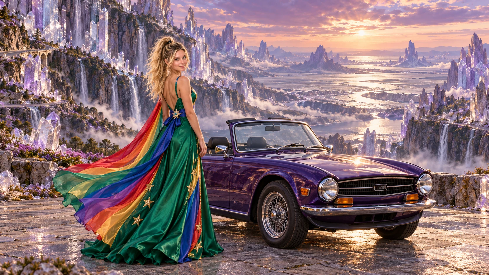 Kristin as Rainbow Brite wears a emerald silk evening dress with rainbow ribbon appliqué, a royal-blue waist sash and a jeweled star buckle beside a deep violet 1968 Triumph TR6 on Quartzfall, in The Amethyst Veil.