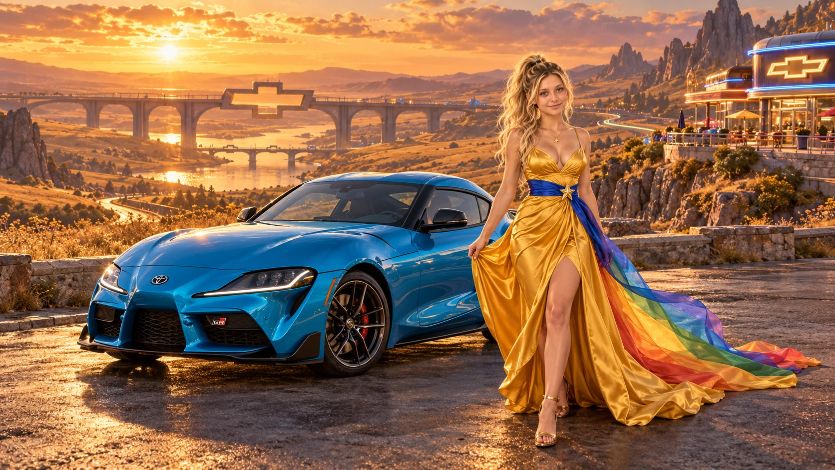 Kristin as Rainbow Brite wears a saffron satin evening gown with a royal-blue sash, graceful rainbow ribbon train and gold star pendant beside a electric cyan 2020 Toyota GR Supra on Bowtierra, in The Amethyst Veil.