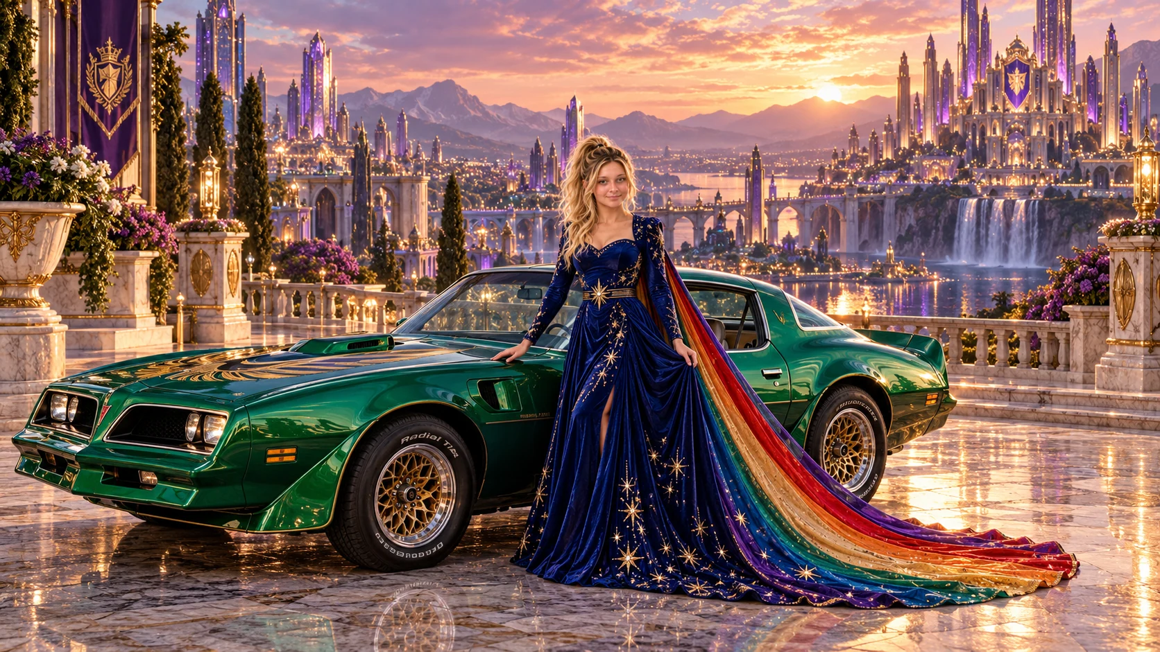 Kristin as Rainbow Brite wears a midnight-blue long-sleeved evening gown with a flowing rainbow-lined cape and tiny star embroidery beside a bright emerald 1977 Pontiac Firebird Trans Am on Crestoria, in The Amethyst Veil.