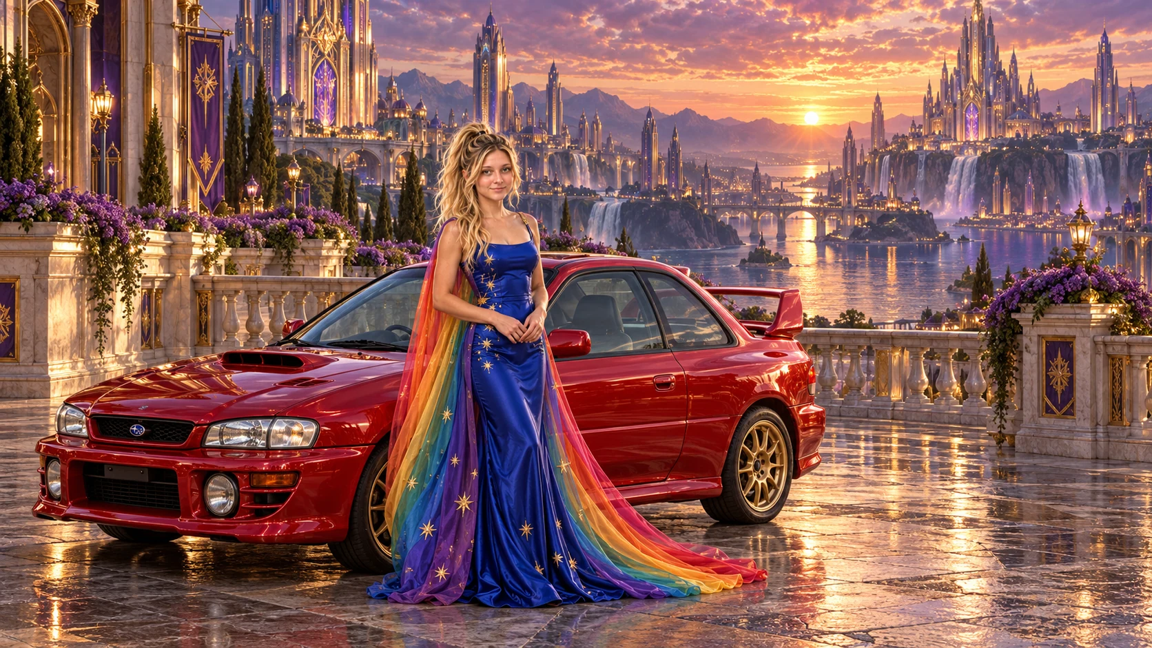 Kristin as Rainbow Brite wears a cobalt satin column gown with a dramatic rainbow chiffon cape and tiny gold star embroidery beside a candy apple red 1998 Subaru Impreza 22B on Crestoria, in The Amethyst Veil.
