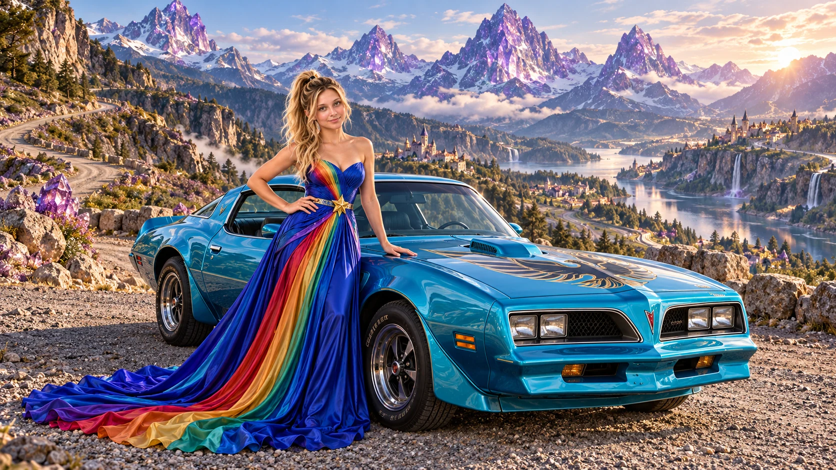 Kristin as Rainbow Brite wears a floor-length royal-blue silk gown with sculptural rainbow pleats and a flowing train, gold star belt beside a electric turquoise 1977 Pontiac Firebird Trans Am on Trionis, in The Amethyst Veil.