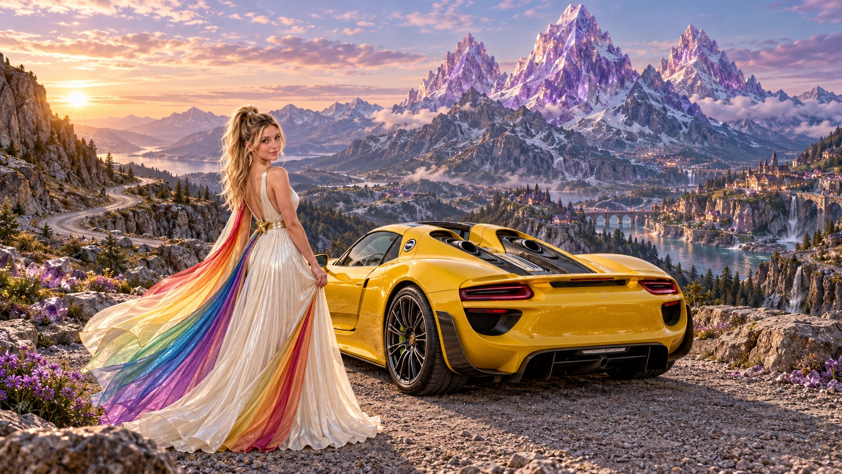 Kristin as Rainbow Brite wears a pearl-white pleated evening gown with jewel-tone rainbow panels and a fine gold star belt beside a sunflower yellow 2015 Porsche 918 Spyder on Trionis, in The Amethyst Veil.