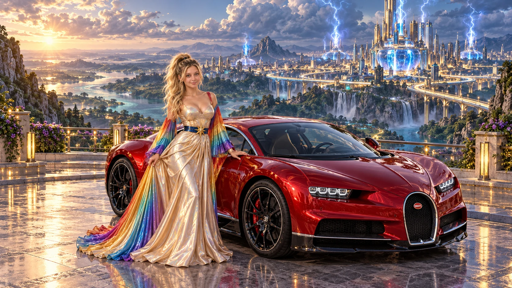 Kristin as Rainbow Brite wears a iridescent champagne satin gown with rainbow pleated sleeves and a sculpted blue-and-gold star belt beside a candy apple red 2017 Bugatti Chiron on Blitzara, in The Amethyst Veil.