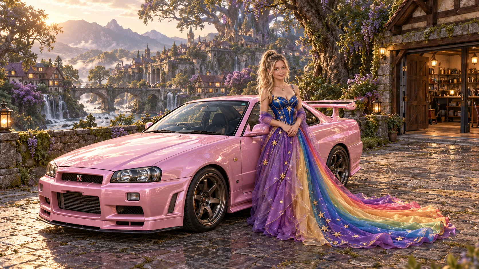 Kristin as Rainbow Brite wears a violet organza couture gown with a structured cobalt bodice, sweeping rainbow train and star jewels beside a pearl pink 1999 Nissan Skyline GT-R R34 on Ashwick, in The Amethyst Veil.