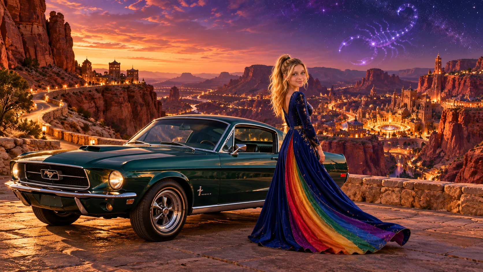 Kristin as Rainbow Brite wears a midnight-blue long-sleeved evening gown with a flowing rainbow-lined cape and tiny star embroidery beside a deep emerald green 1967 Ford Mustang Fastback on Scorpiora, in The Amethyst Veil.