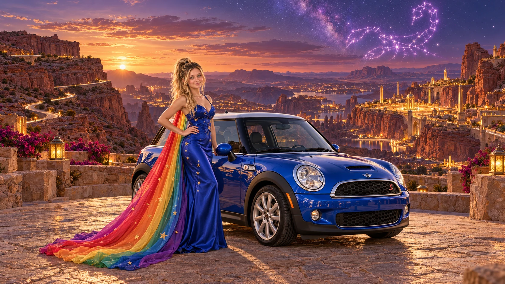 Kristin as Rainbow Brite wears a cobalt satin column gown with a dramatic rainbow chiffon cape and tiny gold star embroidery beside a cobalt blue 2006 Mini Cooper S on Scorpiora, in The Amethyst Veil.