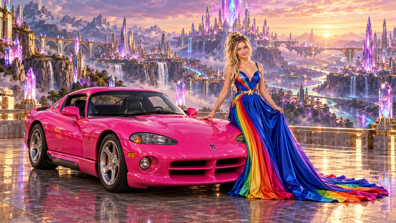 Kristin as Rainbow Brite wears a floor-length royal-blue silk gown with sculptural rainbow pleats and a flowing train, gold star belt beside a hot pink 1992 Dodge Viper on Dreamforge, in The Amethyst Veil.