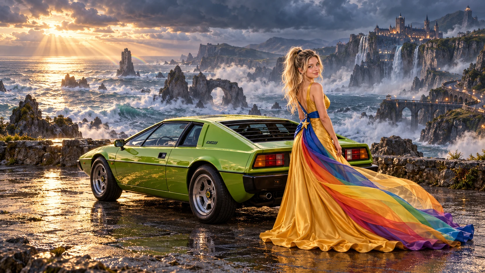 Kristin as Rainbow Brite wears a saffron satin evening gown with a royal-blue sash, graceful rainbow ribbon train and gold star pendant beside a lime green 1976 Lotus Esprit on Tempest Reach, in The Tidal Expanse.