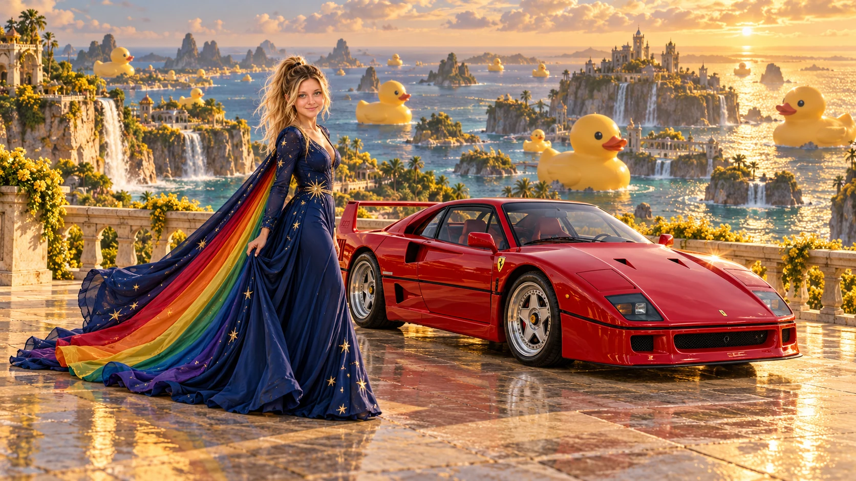Kristin as Rainbow Brite wears a midnight-blue long-sleeved evening gown with a flowing rainbow-lined cape and tiny star embroidery beside a candy apple red 1987 Ferrari F40 on Quackwater, in The Tidal Expanse.