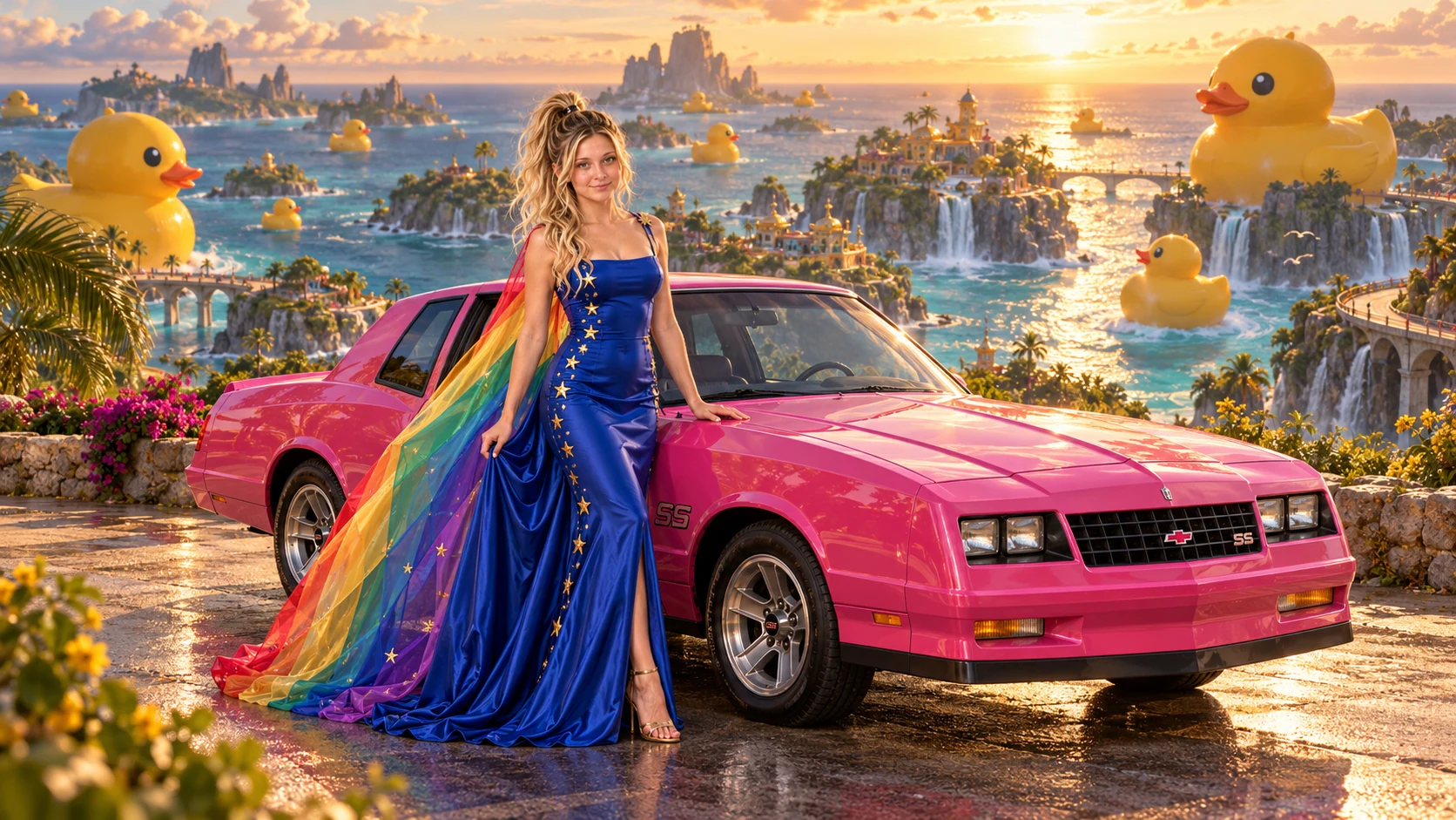 Kristin as Rainbow Brite wears a cobalt satin column gown with a dramatic rainbow chiffon cape and tiny gold star embroidery beside a hot pink 1985 Chevrolet Monte Carlo SS on Quackwater, in The Tidal Expanse.