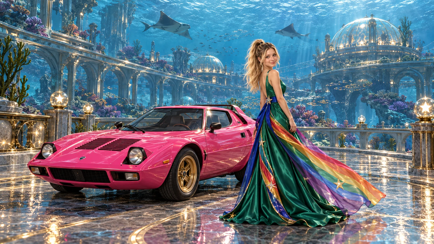 Kristin as Rainbow Brite wears a emerald silk evening dress with rainbow ribbon appliqué, a royal-blue waist sash and a jeweled star buckle beside a hot pink 1974 Lancia Stratos on Neridia, in The Tidal Expanse.