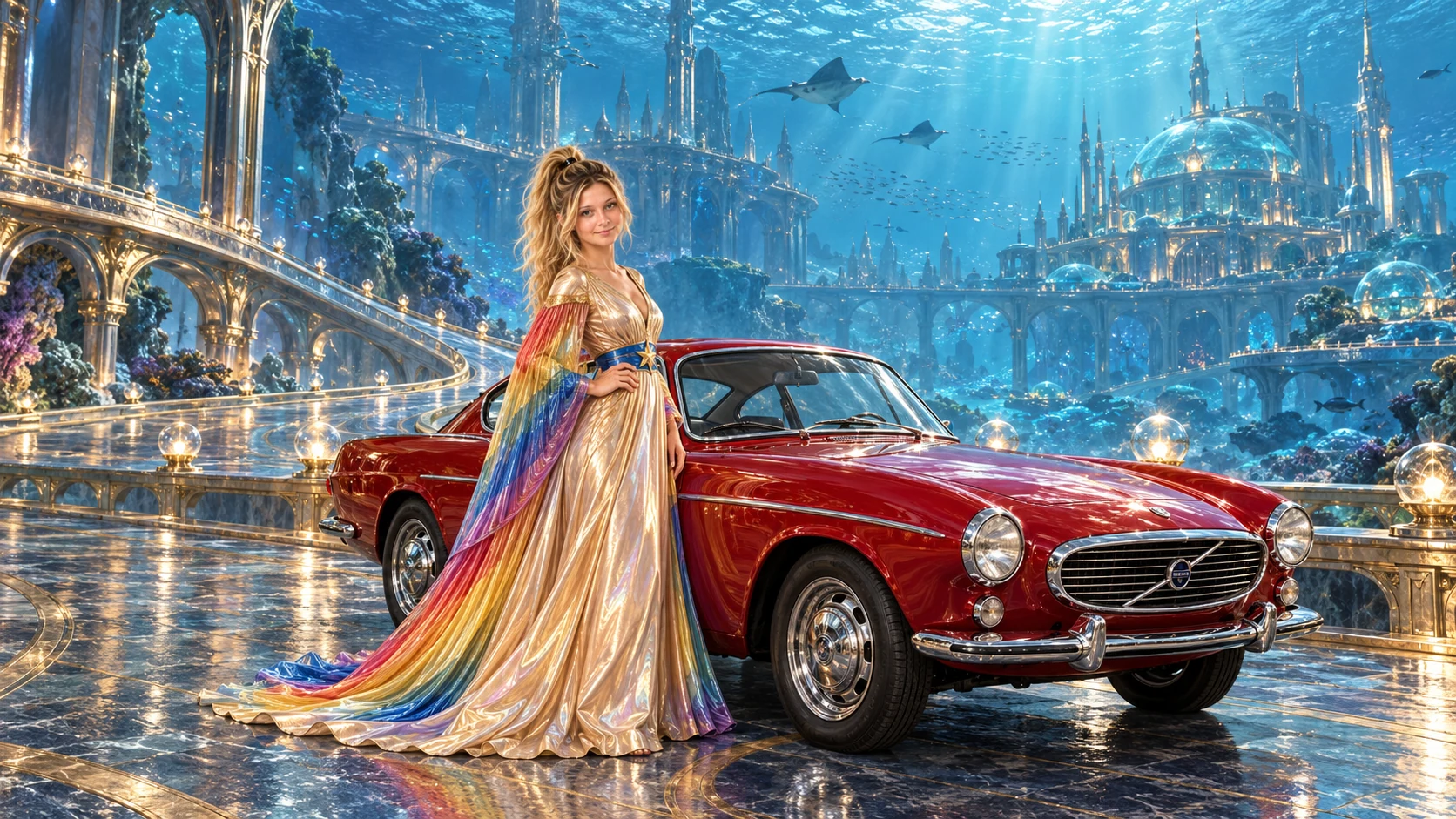 Kristin as Rainbow Brite wears a iridescent champagne satin gown with rainbow pleated sleeves and a sculpted blue-and-gold star belt beside a candy apple red 1967 Volvo P1800 on Neridia, in The Tidal Expanse.
