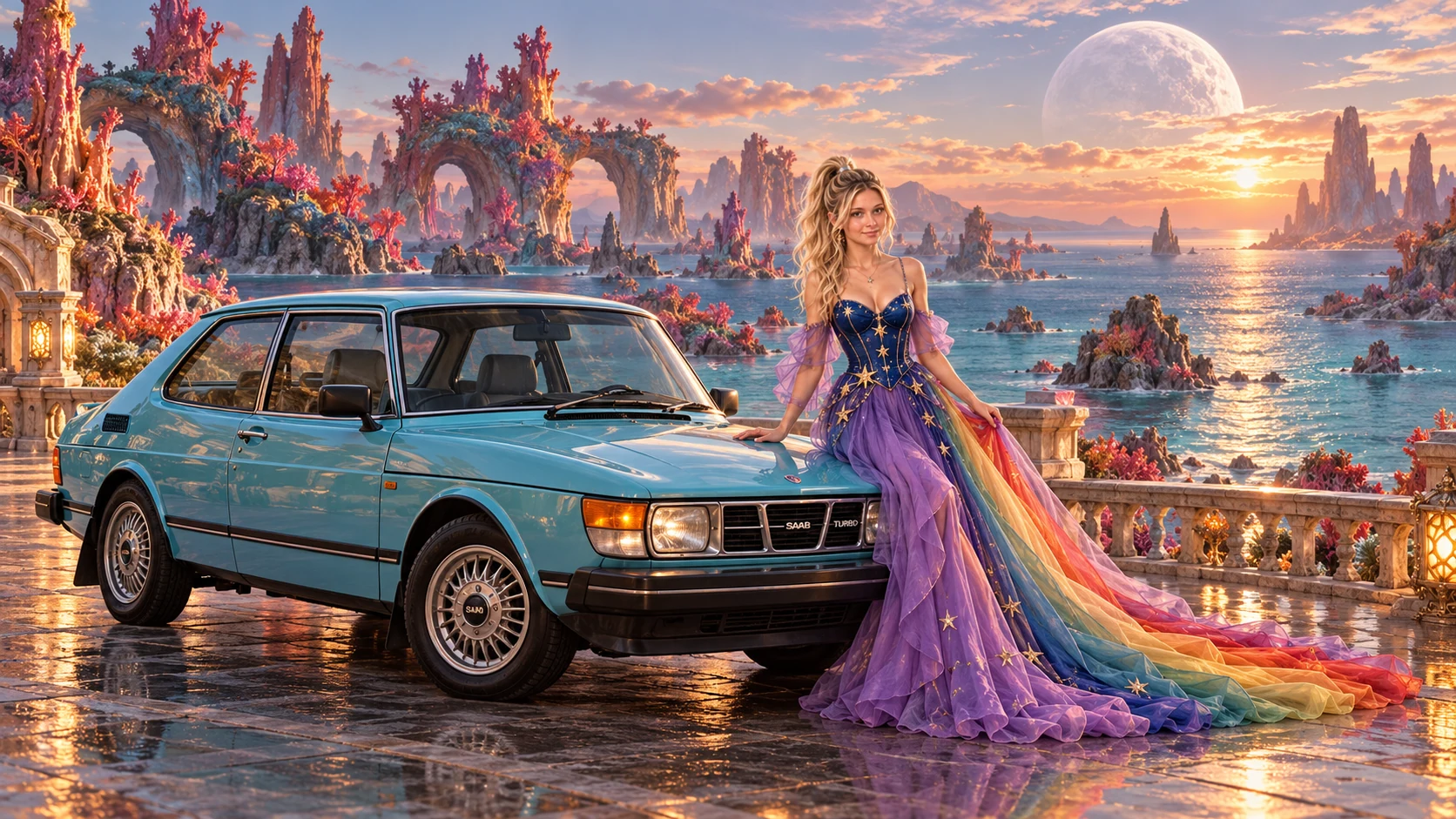Kristin as Rainbow Brite wears a violet organza couture gown with a structured cobalt bodice, sweeping rainbow train and star jewels beside a glacier turquoise 1978 Saab 99 Turbo on Coralune, in The Tidal Expanse.