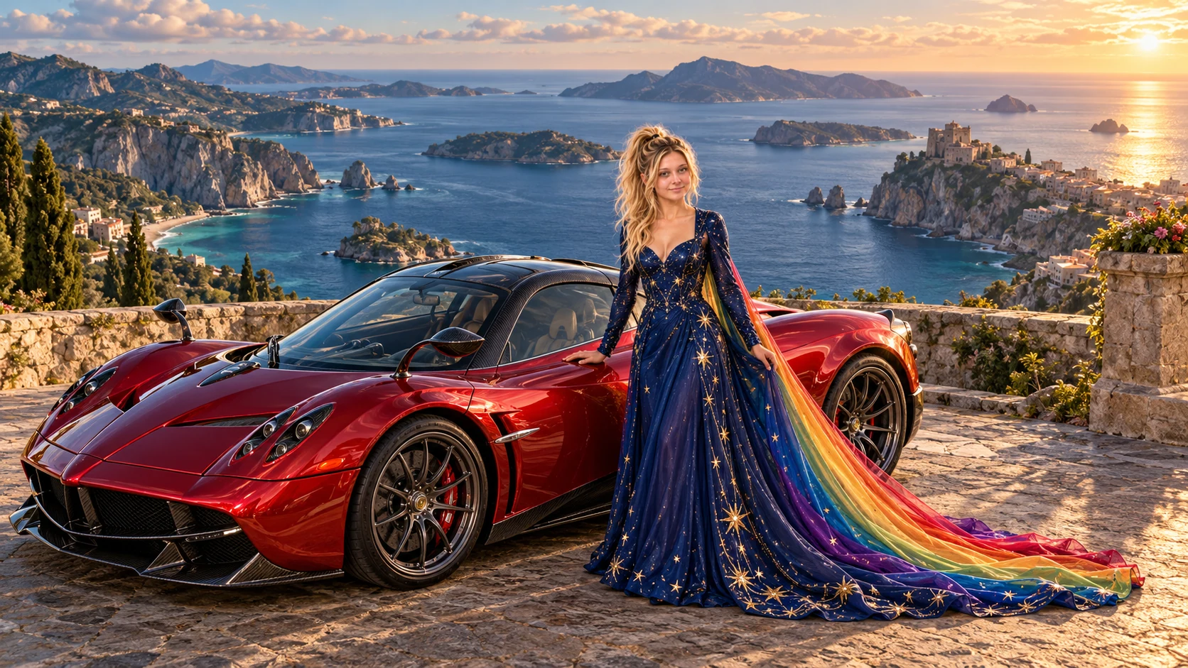 Kristin as Rainbow Brite wears a midnight-blue long-sleeved evening gown with a flowing rainbow-lined cape and tiny star embroidery beside a candy apple red 2014 Pagani Huayra on Pelagia, in The Tidal Expanse.