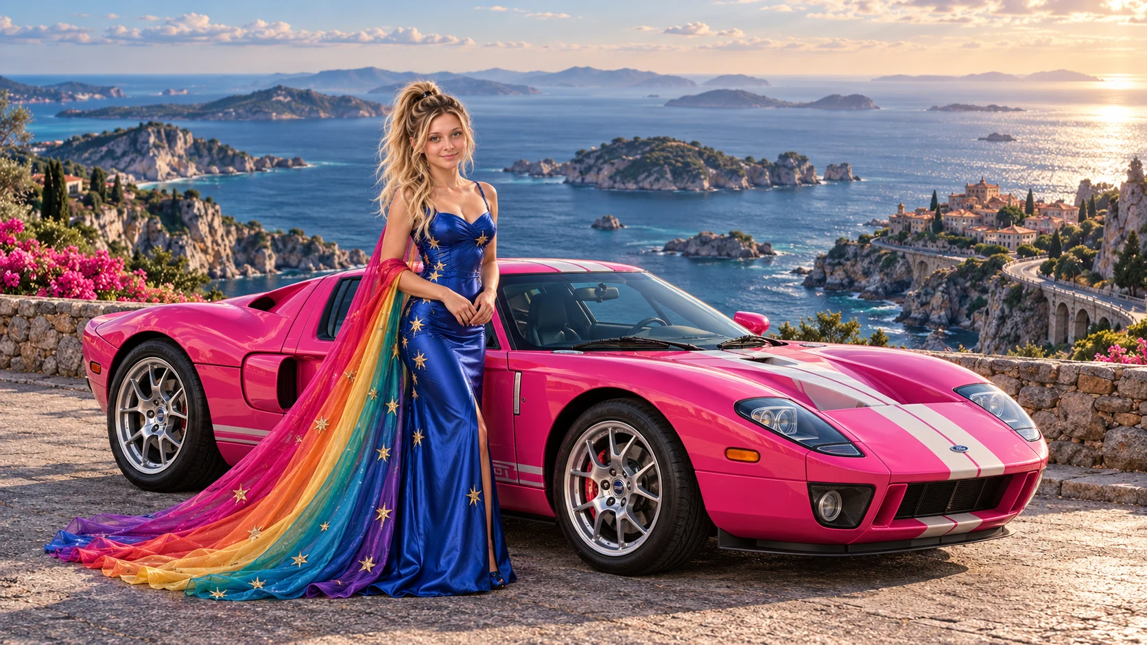 Kristin as Rainbow Brite wears a cobalt satin column gown with a dramatic rainbow chiffon cape and tiny gold star embroidery beside a hot pink 2005 Ford GT on Pelagia, in The Tidal Expanse.