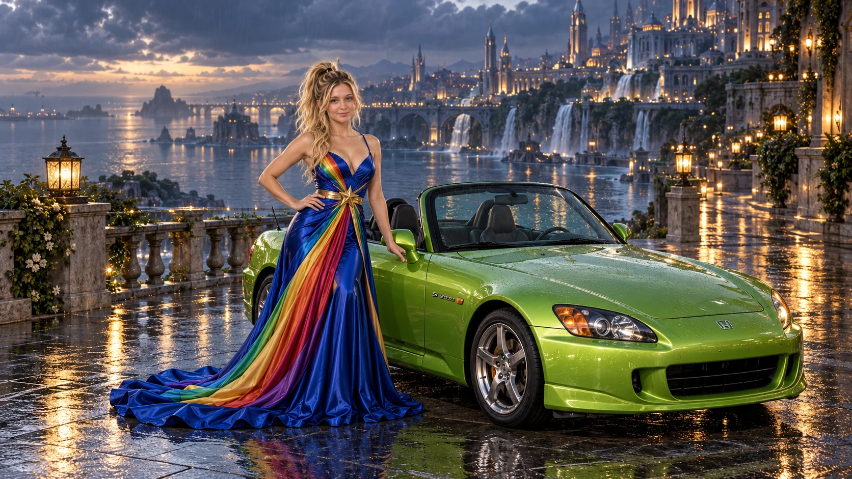 Kristin as Rainbow Brite wears a floor-length royal-blue silk gown with sculptural rainbow pleats and a flowing train, gold star belt beside a lime green 2002 Honda S2000 on Rainhaven, in The Tidal Expanse.