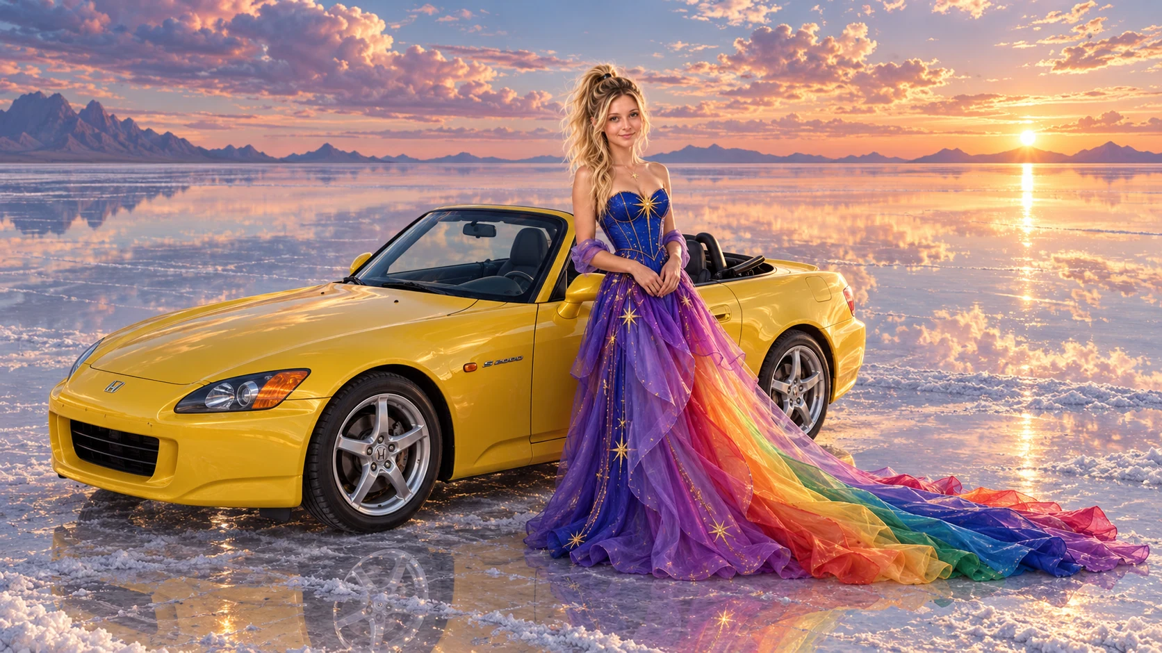 Kristin as Rainbow Brite wears a violet organza couture gown with a structured cobalt bodice, sweeping rainbow train and star jewels beside a lemon yellow 2002 Honda S2000 on Saltglass, in The Tidal Expanse.