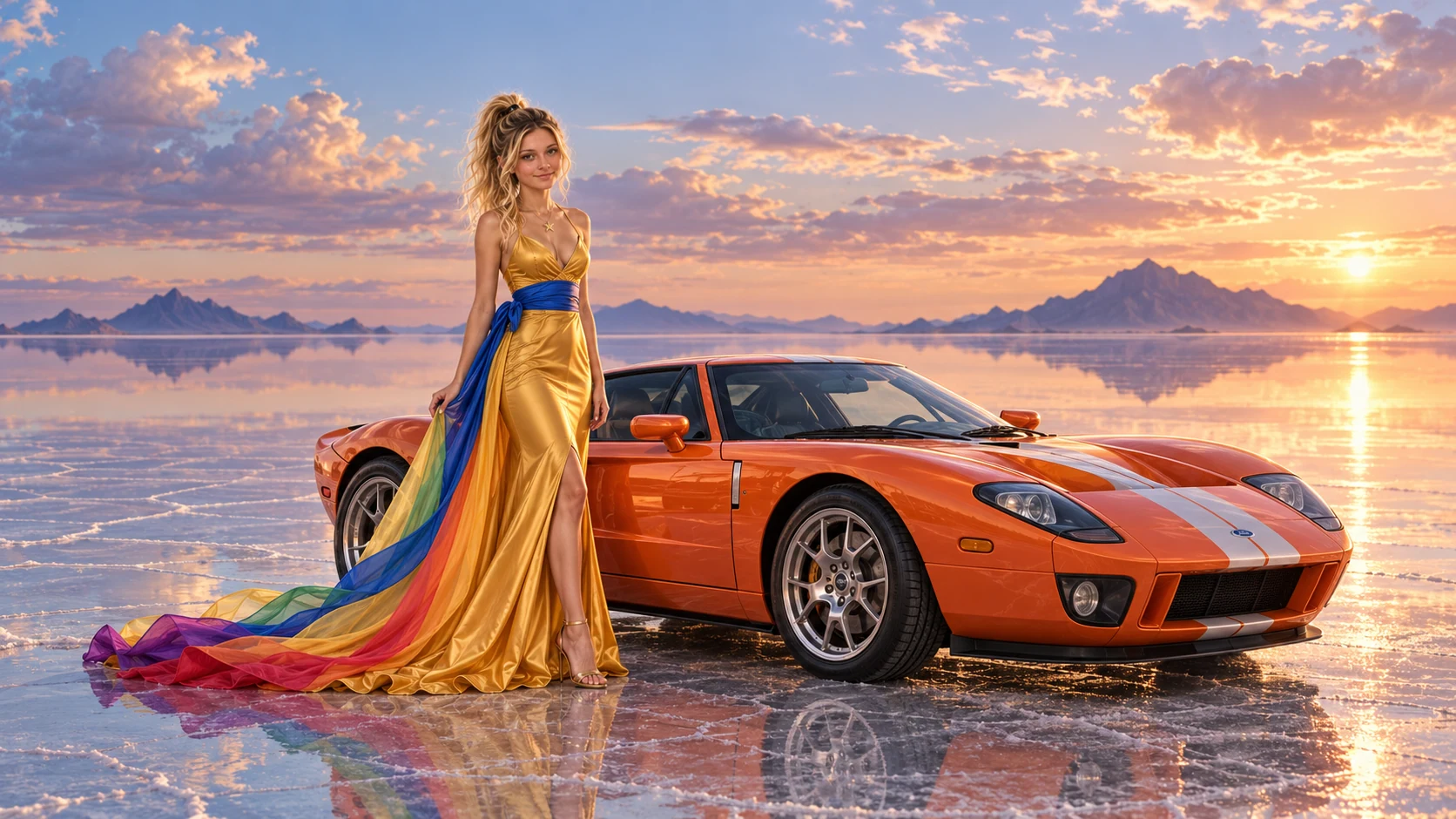 Kristin as Rainbow Brite wears a saffron satin evening gown with a royal-blue sash, graceful rainbow ribbon train and gold star pendant beside a coral orange 2005 Ford GT on Saltglass, in The Tidal Expanse.