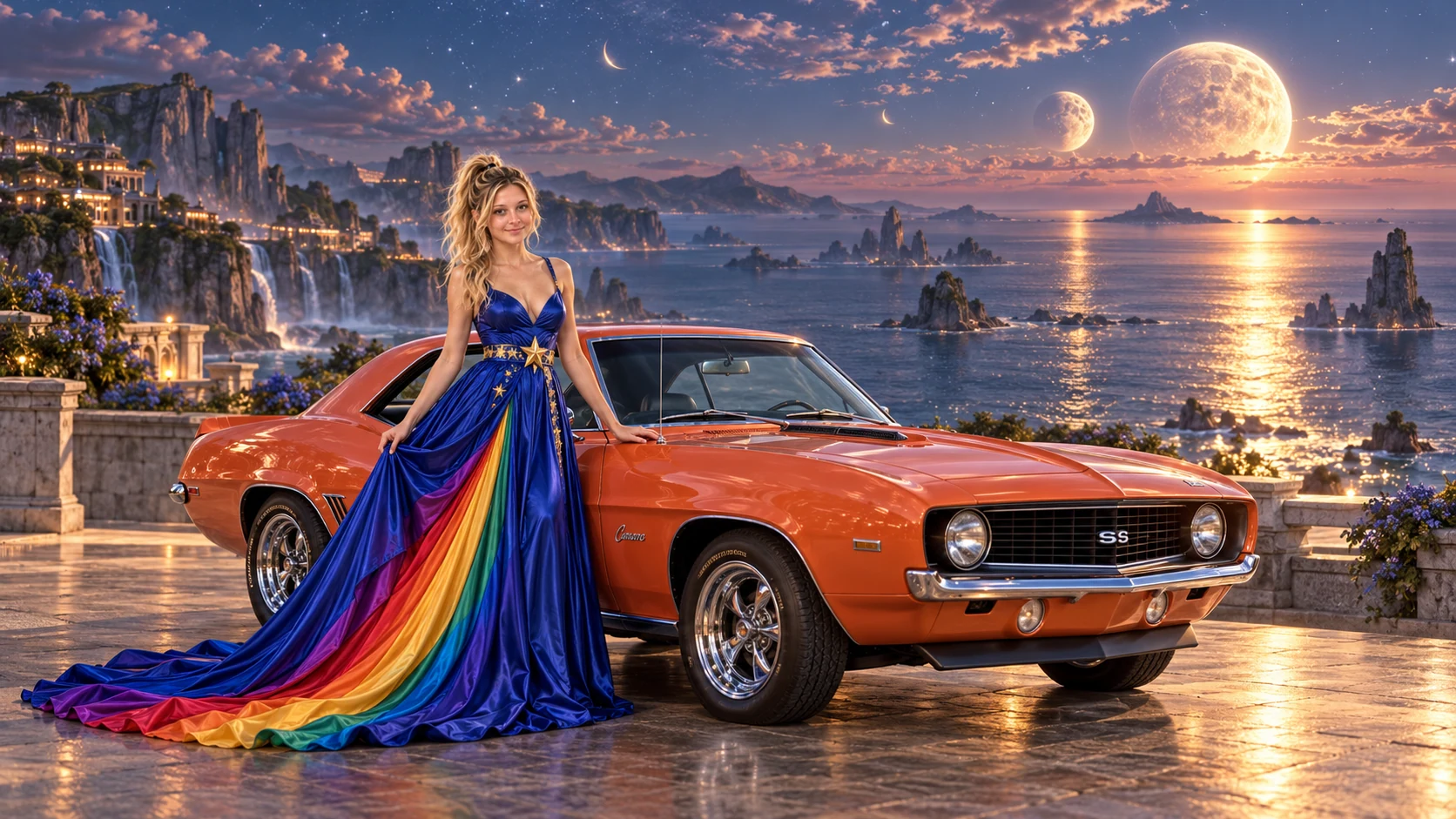 Kristin as Rainbow Brite wears a floor-length royal-blue silk gown with sculptural rainbow pleats and a flowing train, gold star belt beside a coral orange 1969 Chevrolet Camaro on Moonwake, in The Tidal Expanse.