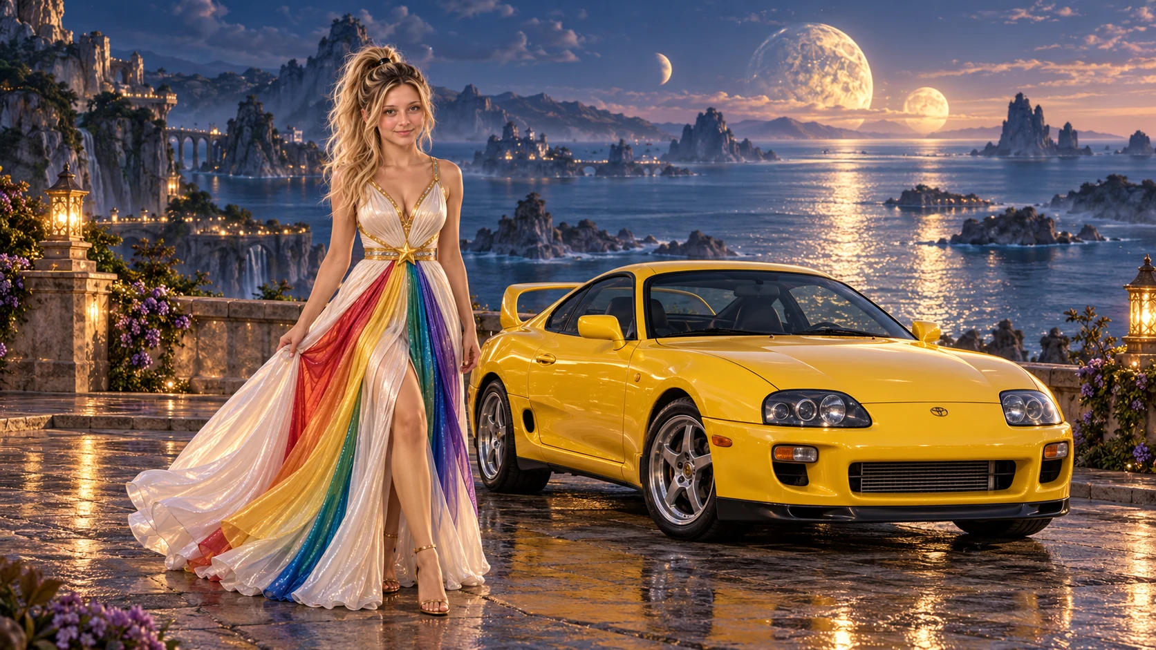 Kristin as Rainbow Brite wears a pearl-white pleated evening gown with jewel-tone rainbow panels and a fine gold star belt beside a lemon yellow 1997 Toyota Supra on Moonwake, in The Tidal Expanse.