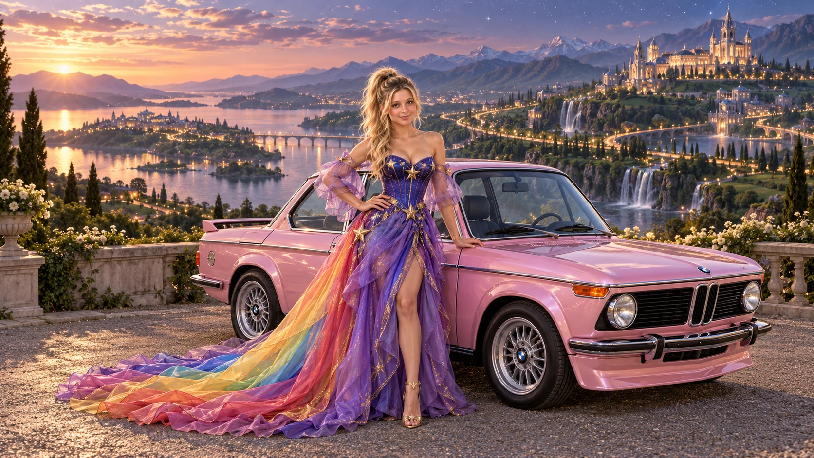 Kristin as Rainbow Brite wears a violet organza couture gown with a structured cobalt bodice, sweeping rainbow train and star jewels beside a pearl pink 1973 BMW 2002 Turbo on Continentia, in The Tidal Expanse.
