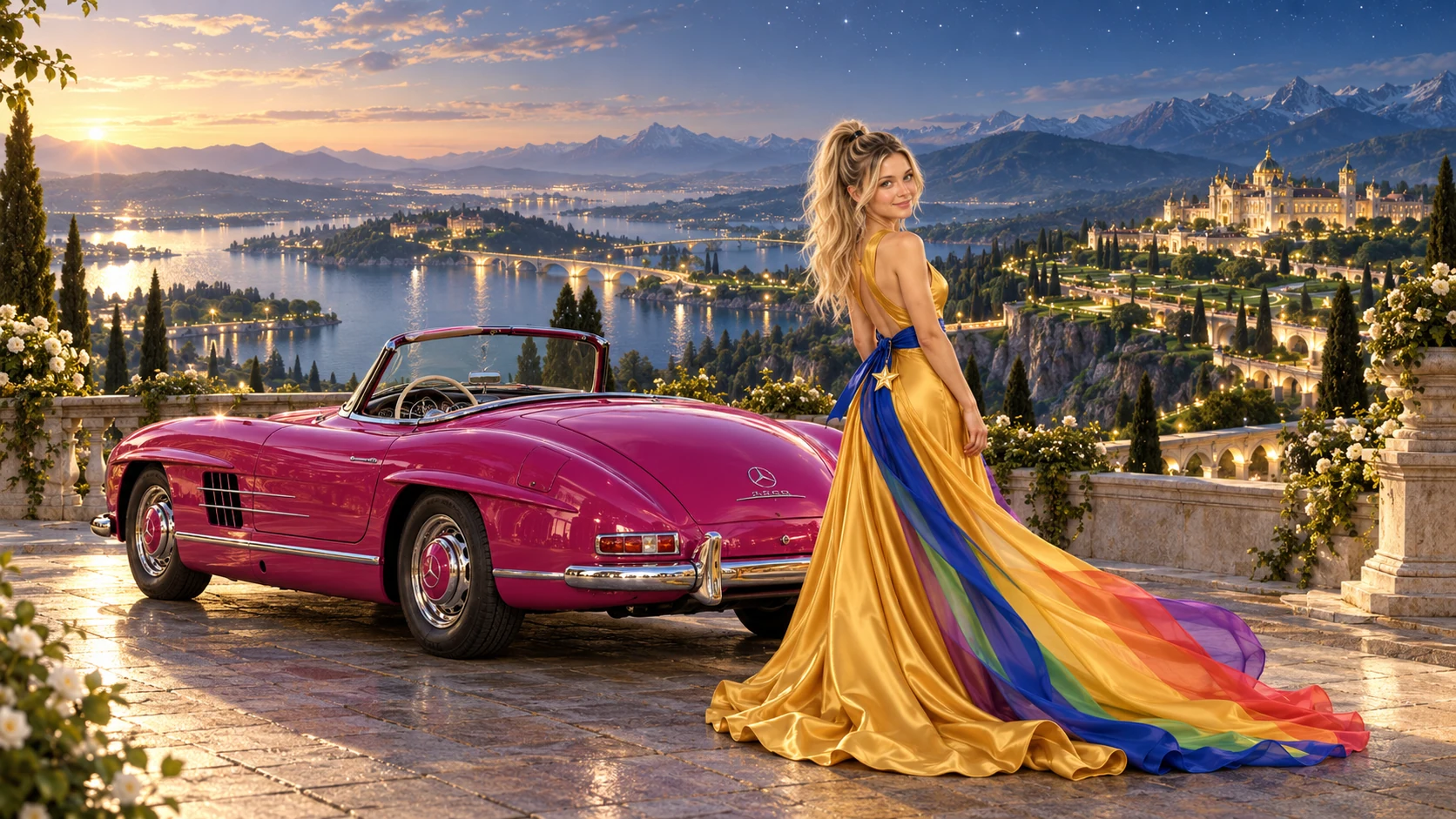 Kristin as Rainbow Brite wears a saffron satin evening gown with a royal-blue sash, graceful rainbow ribbon train and gold star pendant beside a fuchsia magenta 1957 Mercedes-Benz 300 SL Roadster on Continentia, in The Tidal Expanse.