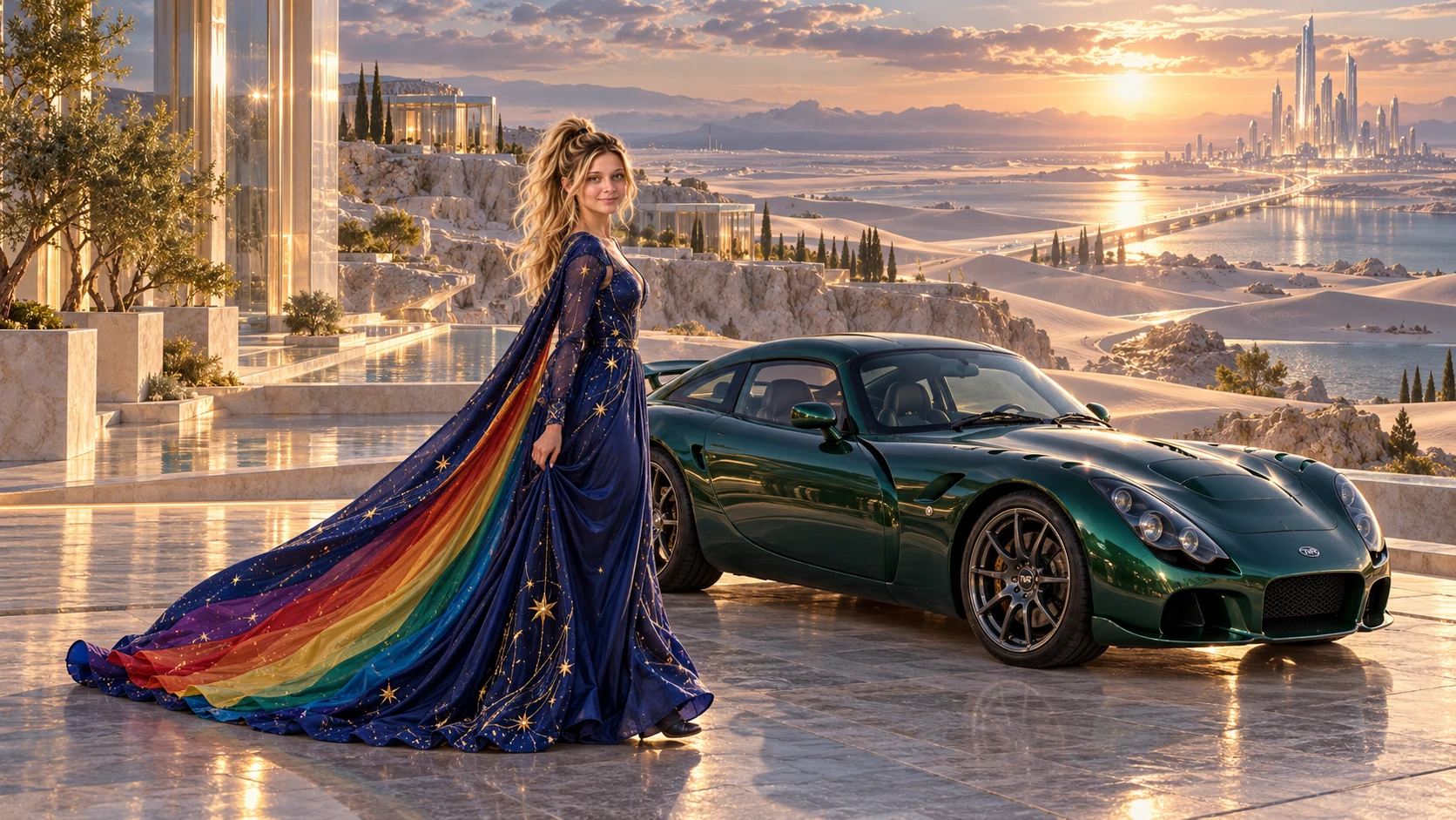 Kristin as Rainbow Brite wears a midnight-blue long-sleeved evening gown with a flowing rainbow-lined cape and tiny star embroidery beside a deep emerald green 2004 TVR Sagaris on Auralis, in The Tidal Expanse.