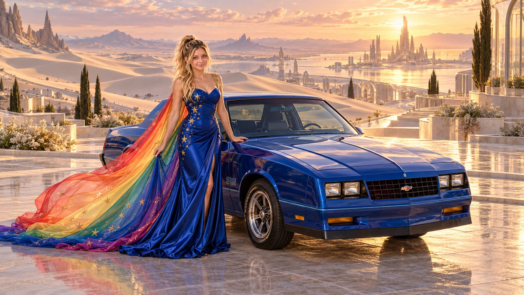 Kristin as Rainbow Brite wears a cobalt satin column gown with a dramatic rainbow chiffon cape and tiny gold star embroidery beside a cobalt blue 1985 Chevrolet Monte Carlo SS on Auralis, in The Tidal Expanse.