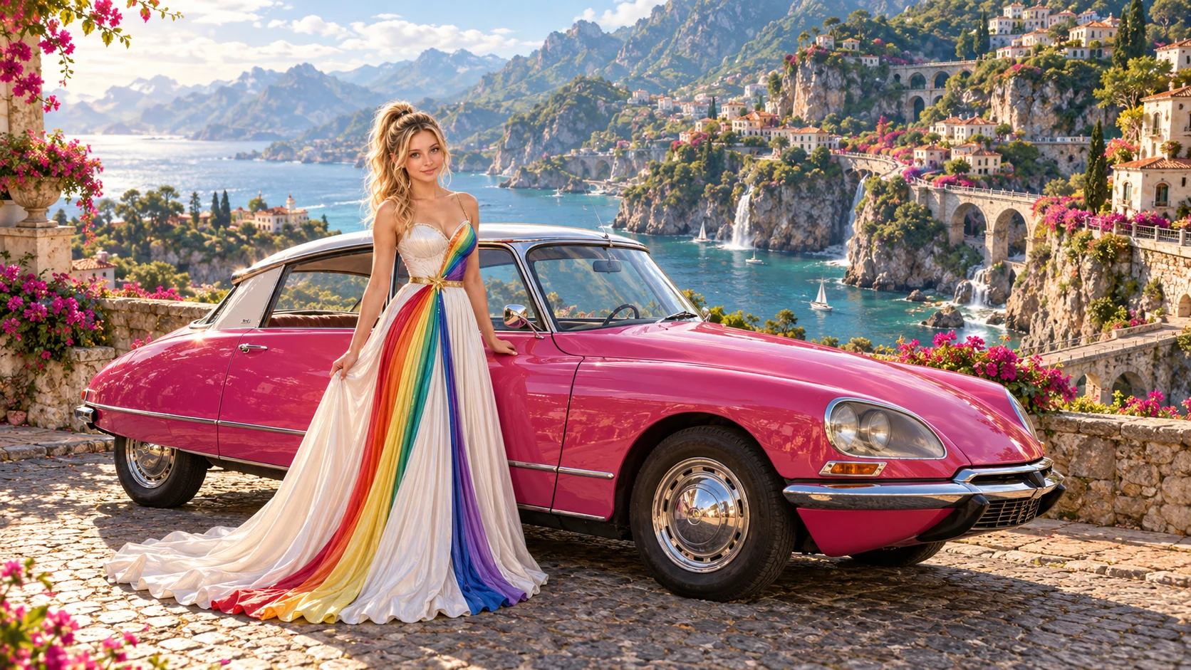 Kristin as Rainbow Brite wears a pearl-white pleated evening gown with jewel-tone rainbow panels and a fine gold star belt beside a hot pink 1966 Citroën DS on Swiftara, in The Tidal Expanse.
