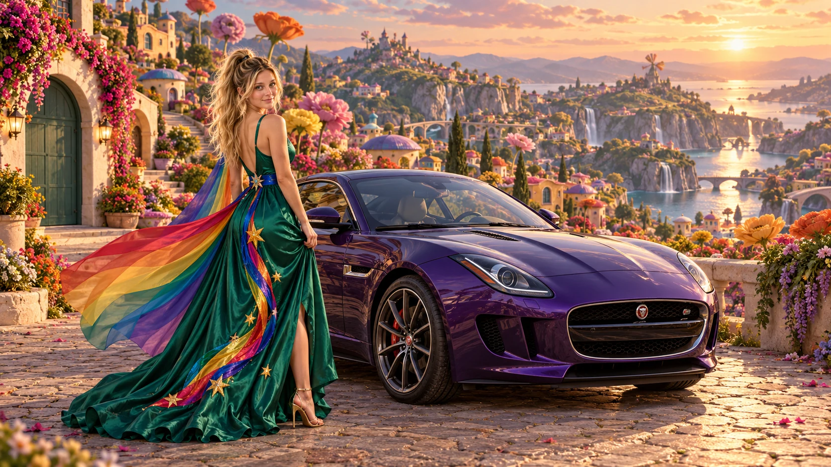 Kristin as Rainbow Brite wears a emerald silk evening dress with rainbow ribbon appliqué, a royal-blue waist sash and a jeweled star buckle beside a deep violet 2014 Jaguar F-Type on Minuet, in The Tidal Expanse.