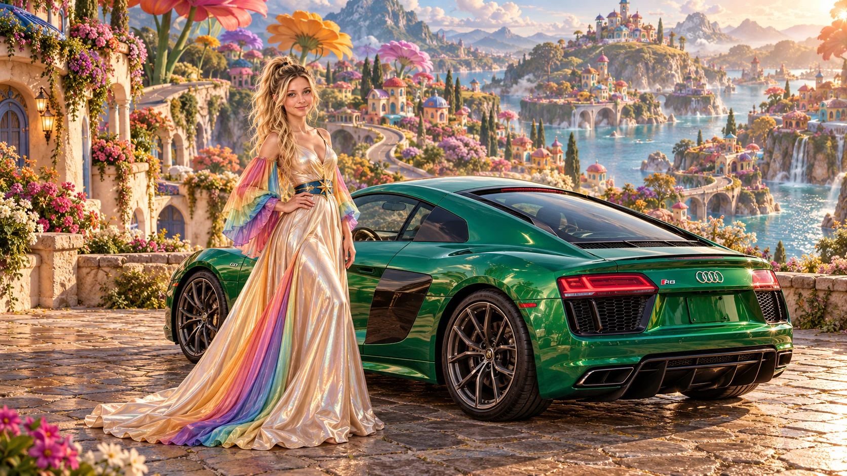 Kristin as Rainbow Brite wears a iridescent champagne satin gown with rainbow pleated sleeves and a sculpted blue-and-gold star belt beside a bright emerald 2017 Audi R8 on Minuet, in The Tidal Expanse.