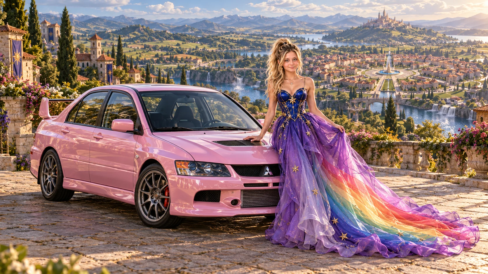 Kristin as Rainbow Brite wears a violet organza couture gown with a structured cobalt bodice, sweeping rainbow train and star jewels beside a pearl pink 2006 Mitsubishi Lancer Evolution IX on Octaviax, in The Tidal Expanse.