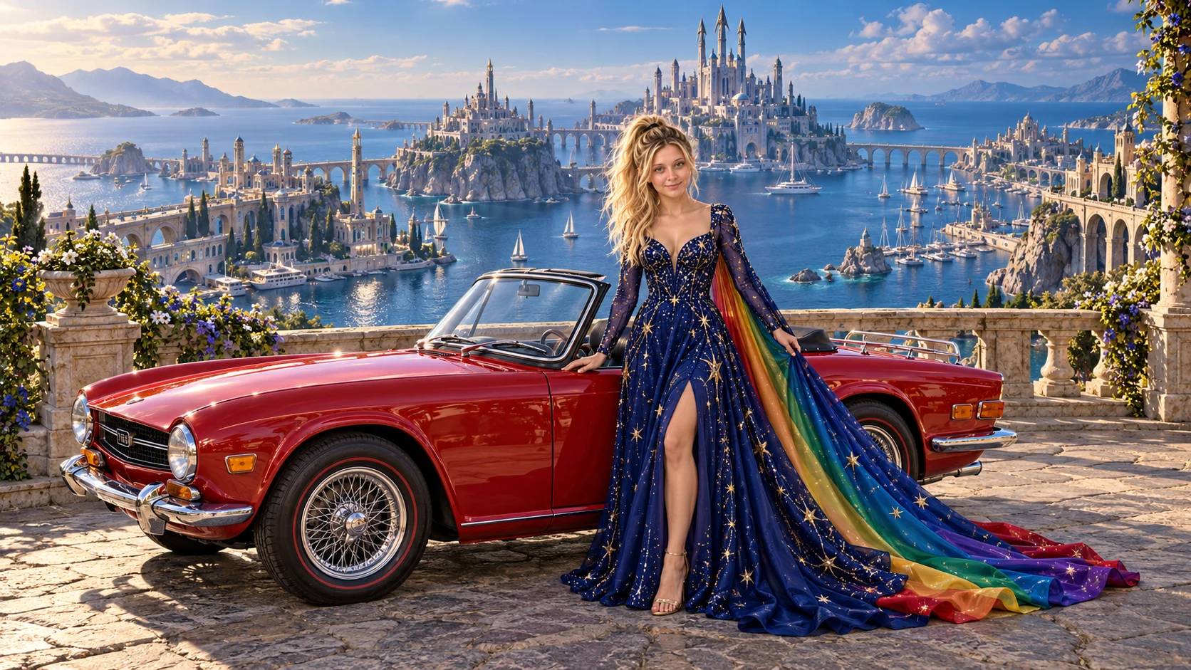 Kristin as Rainbow Brite wears a midnight-blue long-sleeved evening gown with a flowing rainbow-lined cape and tiny star embroidery beside a candy apple red 1968 Triumph TR6 on Tridentis, in The Tidal Expanse.